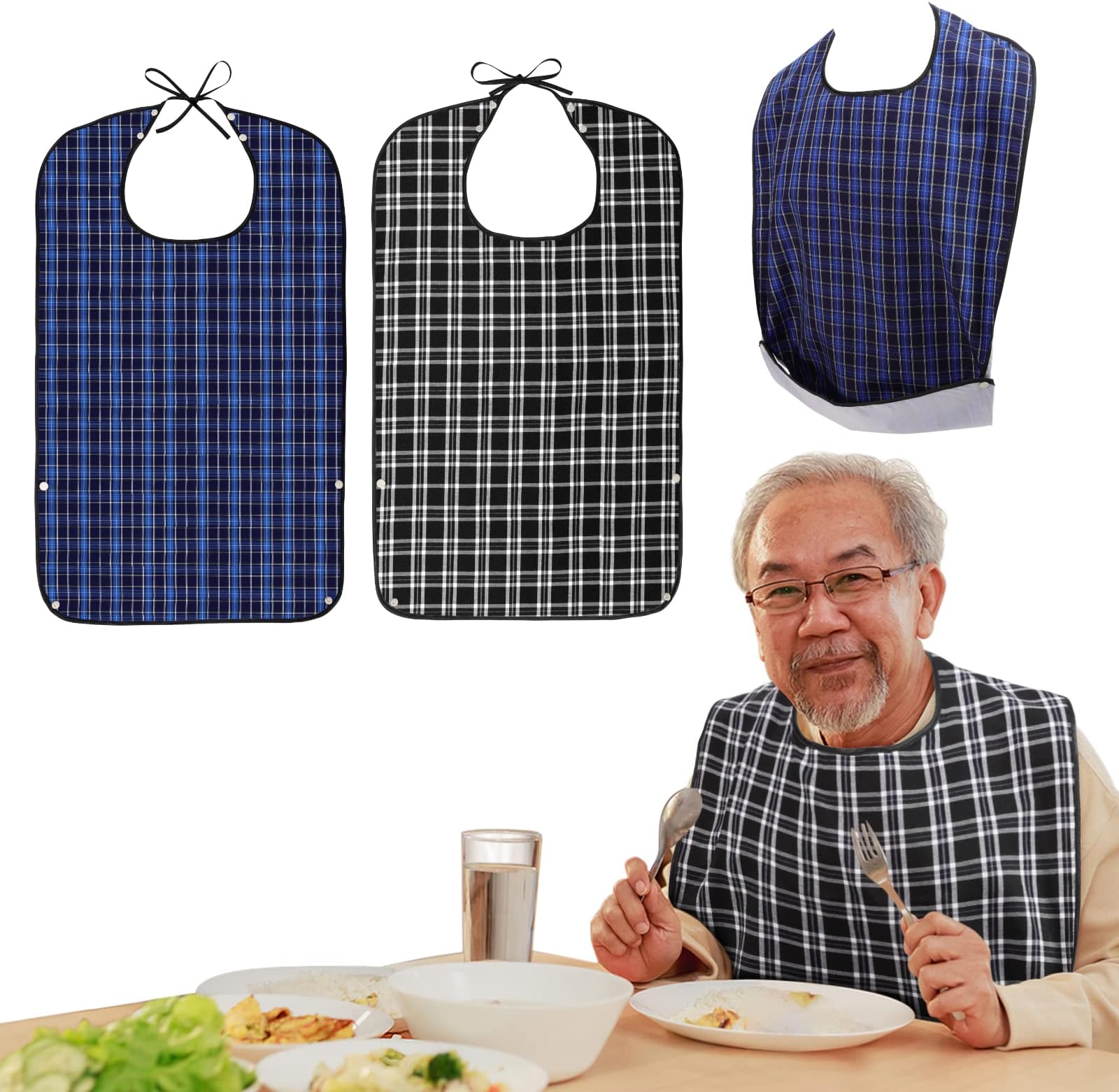 [Housolution] 介護エプロン 2枚セット 食事用 大人用 高齢者 防水 汚れ防止 丸洗い可 繰り返し使用 ポケット付き ブラック＆ブルー