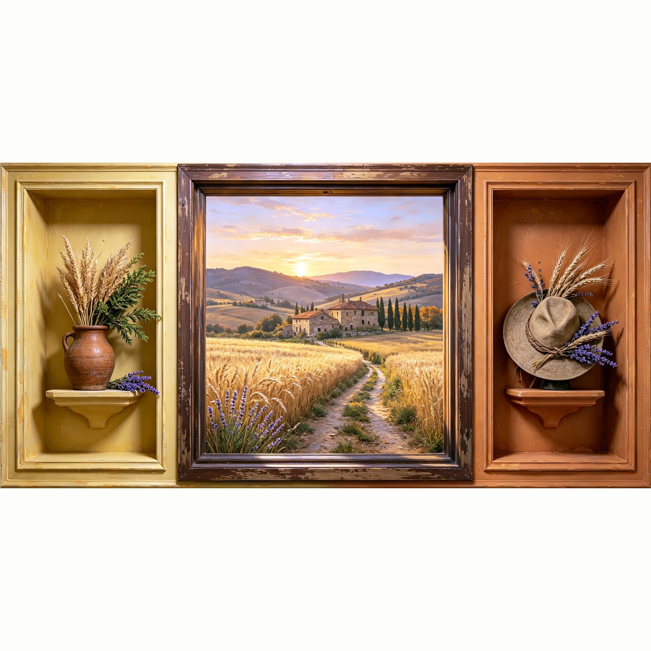 QZLITHOTIC 50x100cm 3D Framed Wall Art， Tuscan Farmhouse Landscape Wheat Field Sunset Self‑Adhesive Mural， Water‑Activated Peel & Stick Fabric Decor Wall Decal for Bedroom Living Room