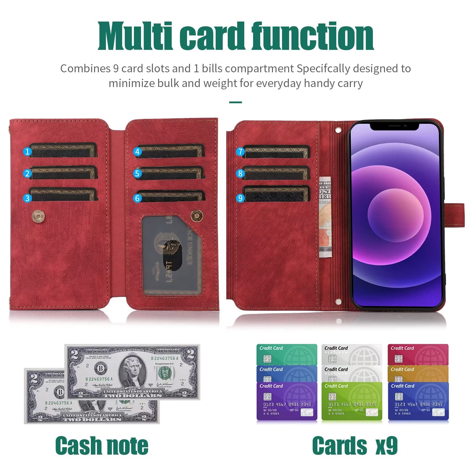 ESONG Klapphülle Für Xiaomi Poco X3/X3 Pro/X3 NFC – Mit 9 Kartenfächern, Magnetverschluss & Abnehmbarem Gurt (PU Leder)