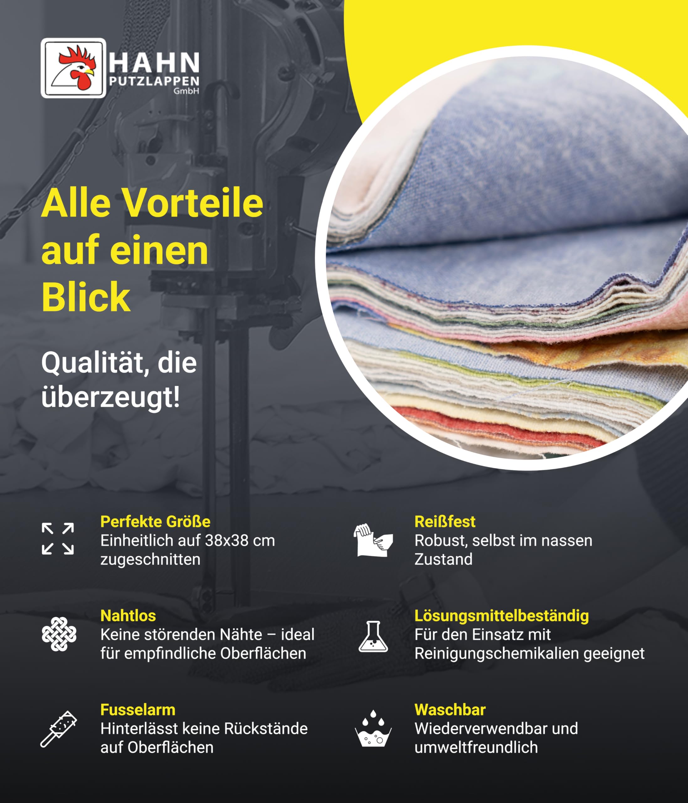 Hahn Putzlappen® Weiche Baumwolllappen Bunt [320 Stück] – Nahtlos zugeschnitten 38x38 cm – Saugstark & langlebig für Werkstatt, Haushalt & Autopflege – 100% Recycling, Trikot & Flanell, Made in DE