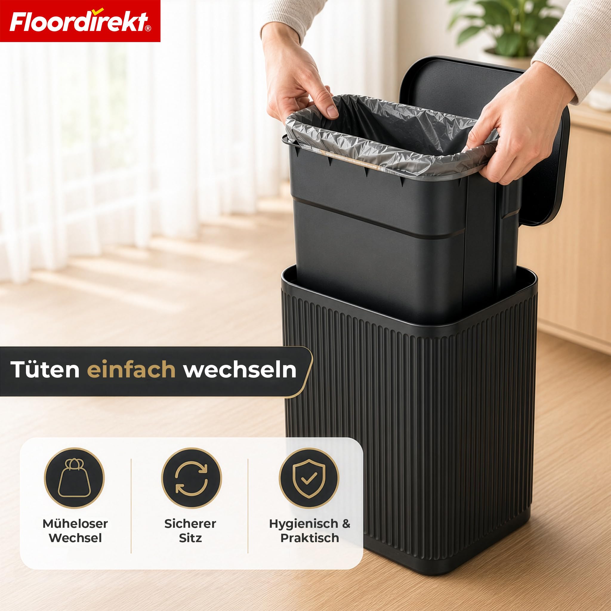 Floordirekt Mülleimer Küche, Liter, Abfalleimer, Treteimer, mit Deckel, Softclose, Fußpedal, Stahl, Inneneimer | Miles | Schwarz | 50 L