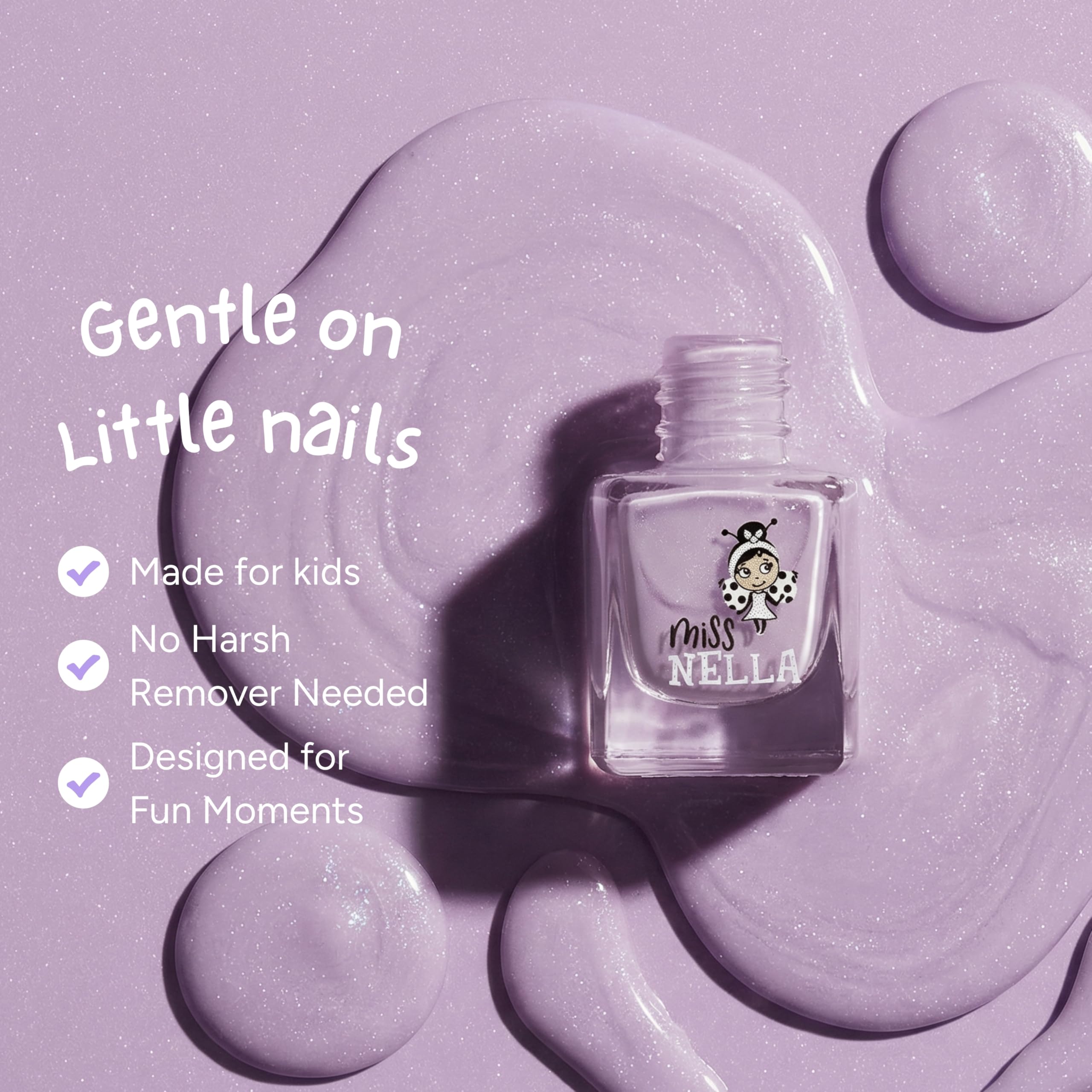 Miss Nella PURPLE UNICORN-Peel Off, geruchsneutral, Wasserbasis & Safe für Kinder Nagellack-Pack 3- Sweet Lavender (glitter), Butterfly Wings (glitter) & Little Poppet