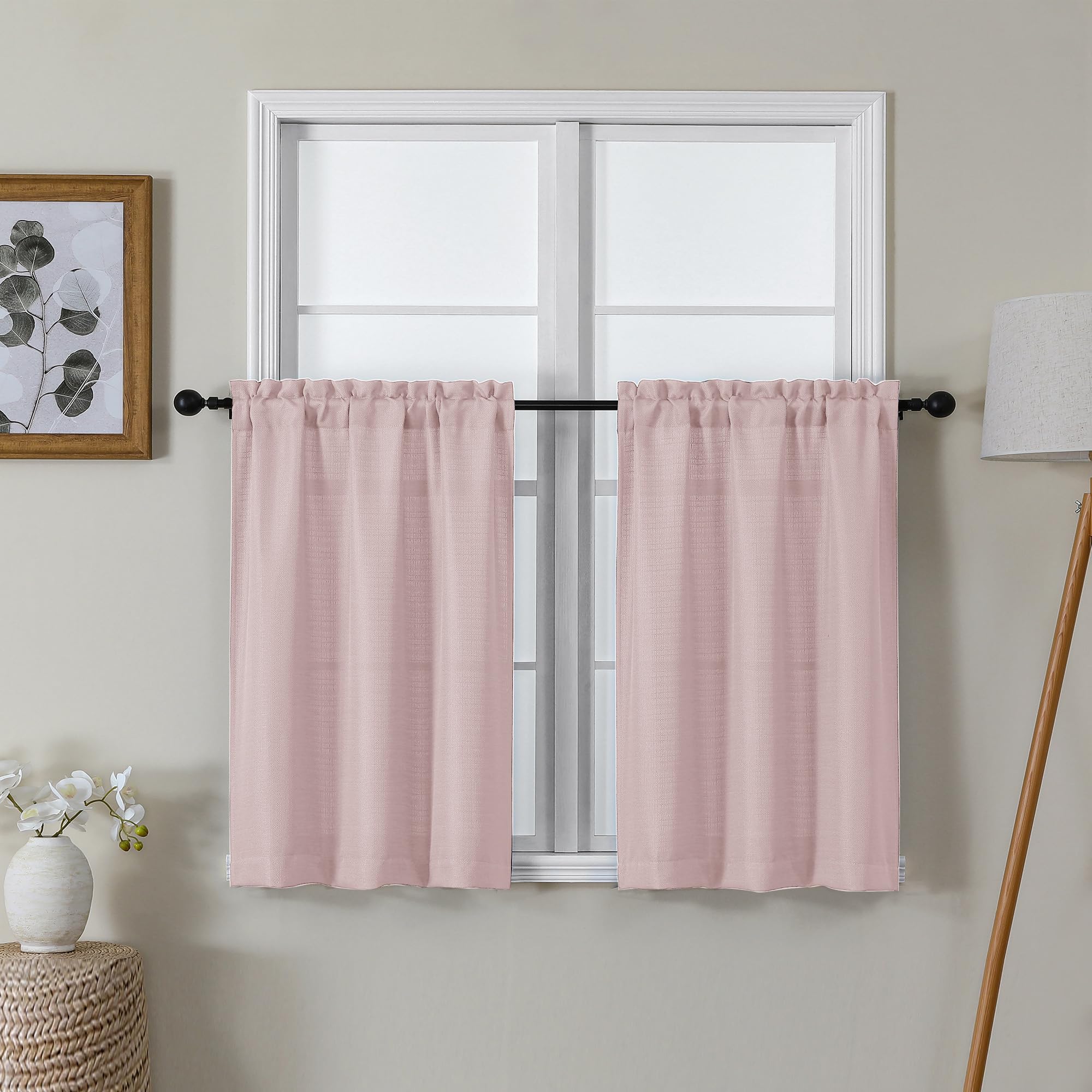 Lecloud Bessie Blush Pink Kitchen Curtains 30 Inch Length 2 Pcs, Faux Linen Textured Short Curtains for Small Windows, Light Filtering Tiers Window Treatments for Bedroom Bathroom, Each 30 W x 30 L — image 1