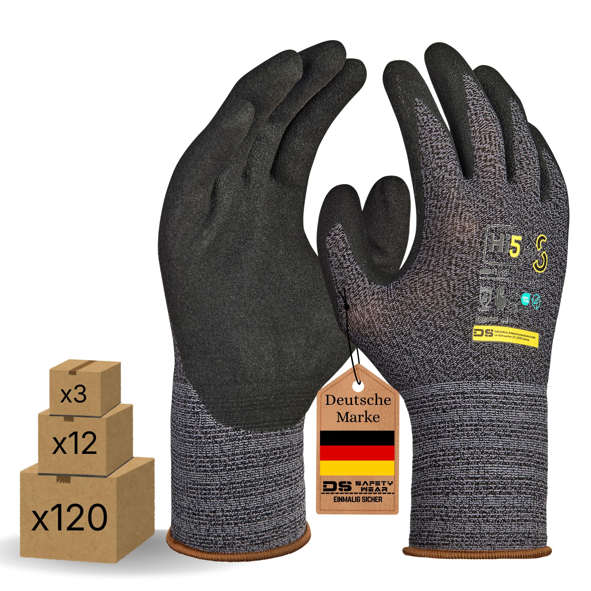 Hi5 X-Super S Arbeitshandschuhe 4131X – 15G Nylon/Spandex – sandig-raue Nitrilbeschichtung – vollbeschichteter Daumen – EN 388 – schwarz (L, 120, stück)