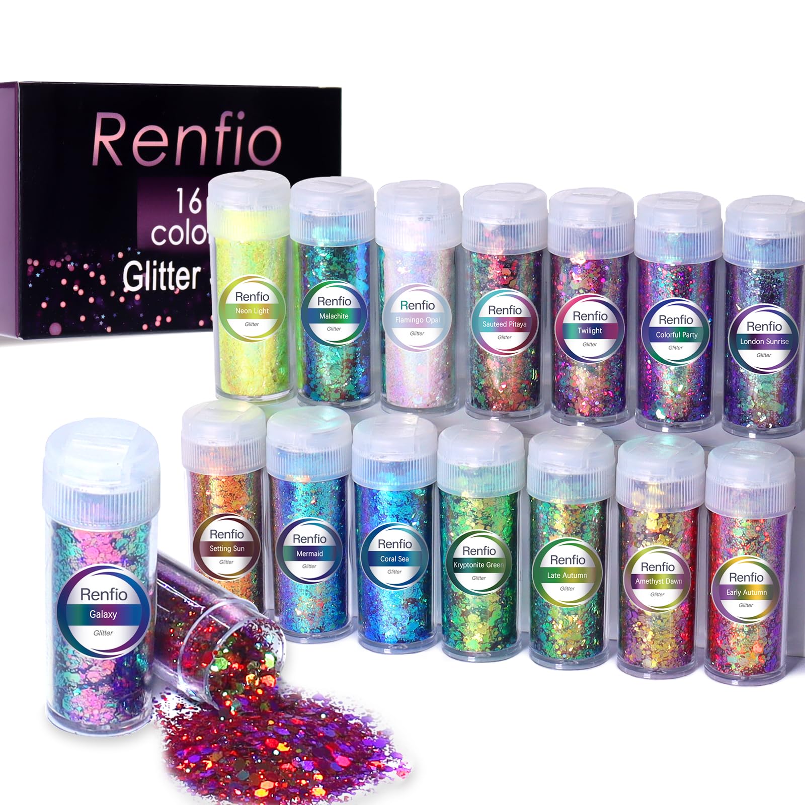 Renfio Chameleon Chunky Glitter, 16 Colors Color Shift Resin Glitter Set Each 10g/0.35oz Chameleon Flakes for Resin Sequins Color Change Glitter for
