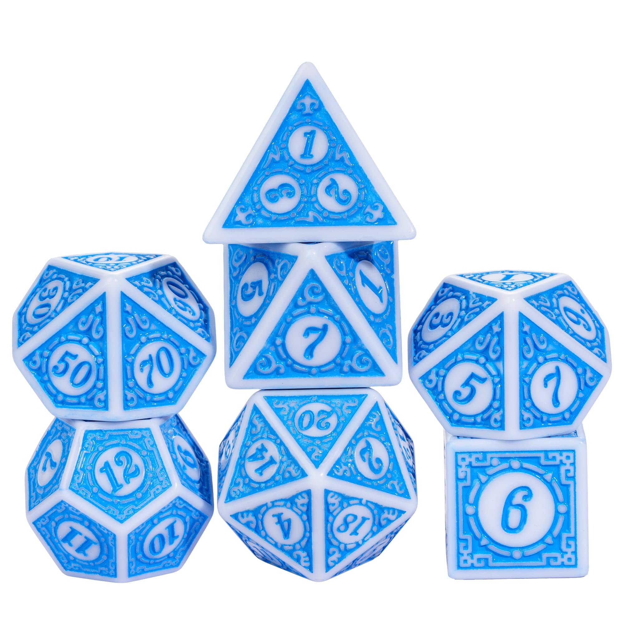 Poludie 7PCs DND Dice Set, Unique Window Lattice Pattern D&D Dice Set with Leather Die Bag, Polyhedral Die for Dungeons and Dragons, RPG Table Games (Blue/White)