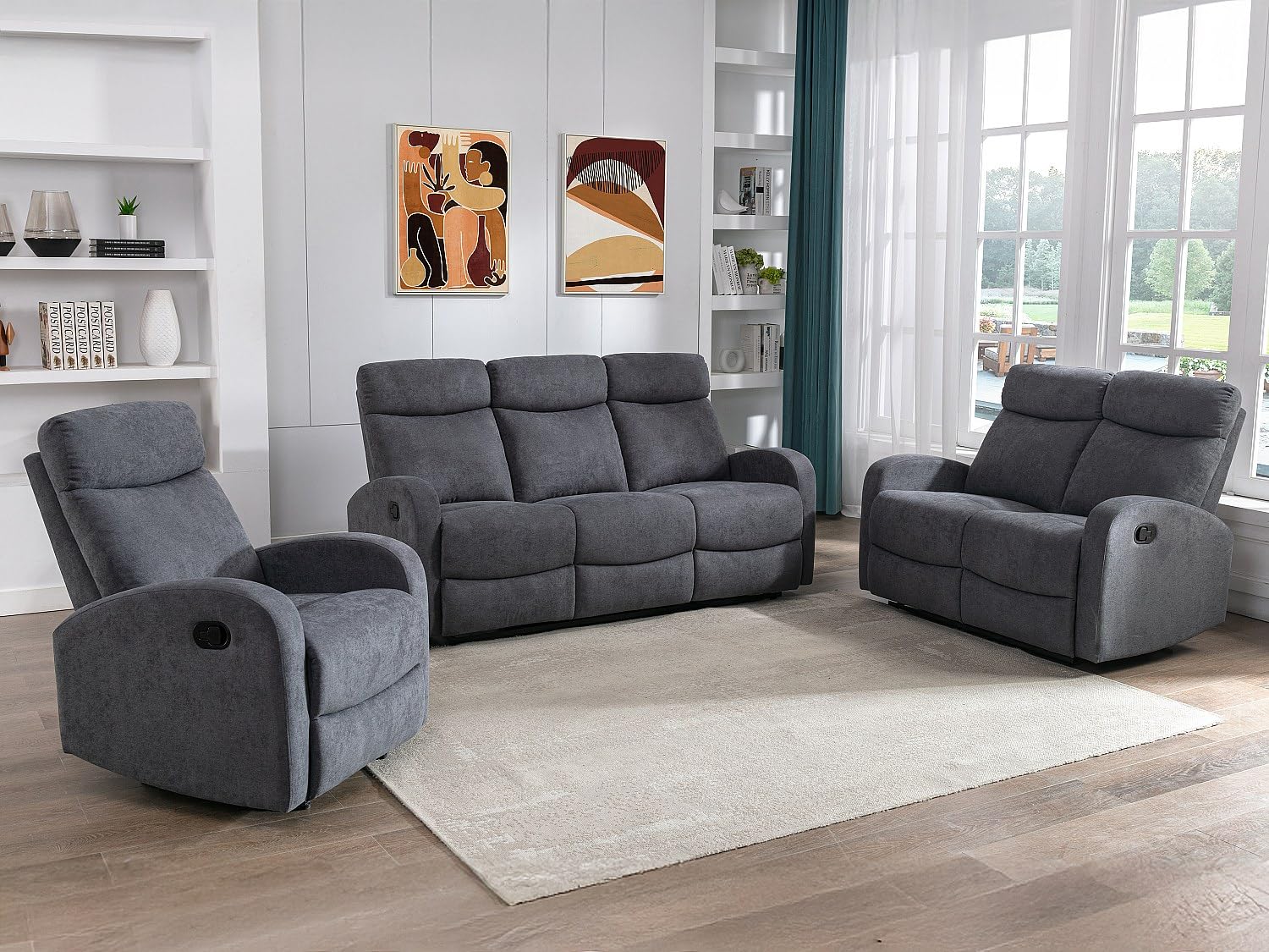 Vente-unique - Divano relax 3 posti Evelyn - poliestere - grigio | Meccanismo di relax manuale, Meccanismo relax manuale, Stile contemporaneo, Colori neutri