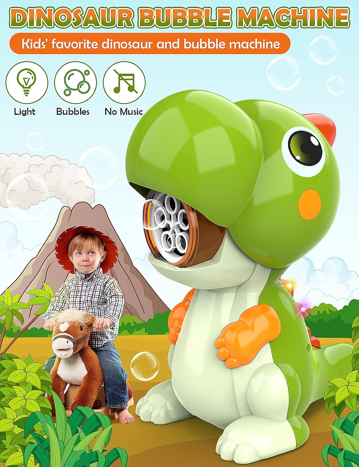 BubblePals Dinosaur Bubble Machine for Toddlers, Automatic Bubble Maker with Solutions for Kids Age 3-5 4-8, Outdoor Water Toys for Backyard Boys Girls Birthday Gift (Green)