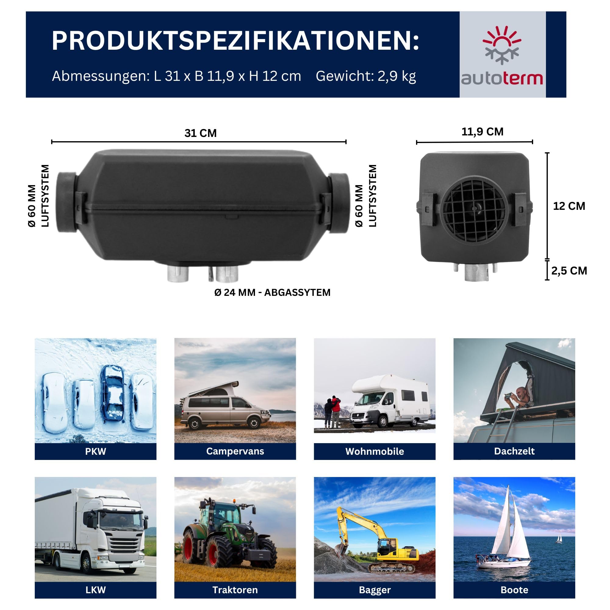 Autoterm Air 2D 12V 2kW Diesel Standheizung – Komplettset inkl. Comfort Control Bedienpanel, Einbausatz & Pundmann Einbauflansch – für Camper, Van & Wohnmobil (Pundmann Flansch 40 mm)