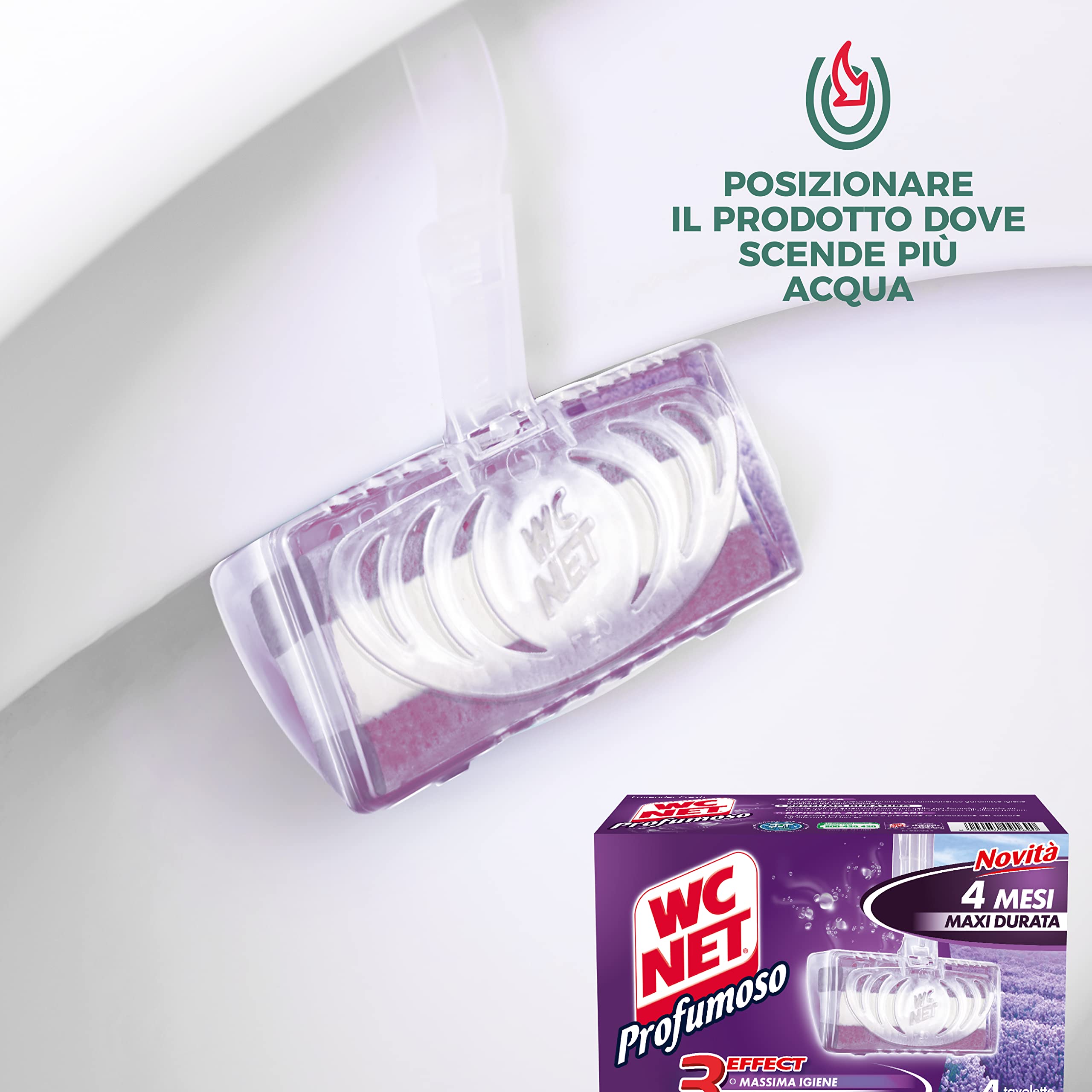 Wc Net - Tavoletta Profumoso 3 Effect, Detergente Igienizzante Solido per WC, Fragranza Lavender Fresh, 4 Pezzi x 12 Confezioni