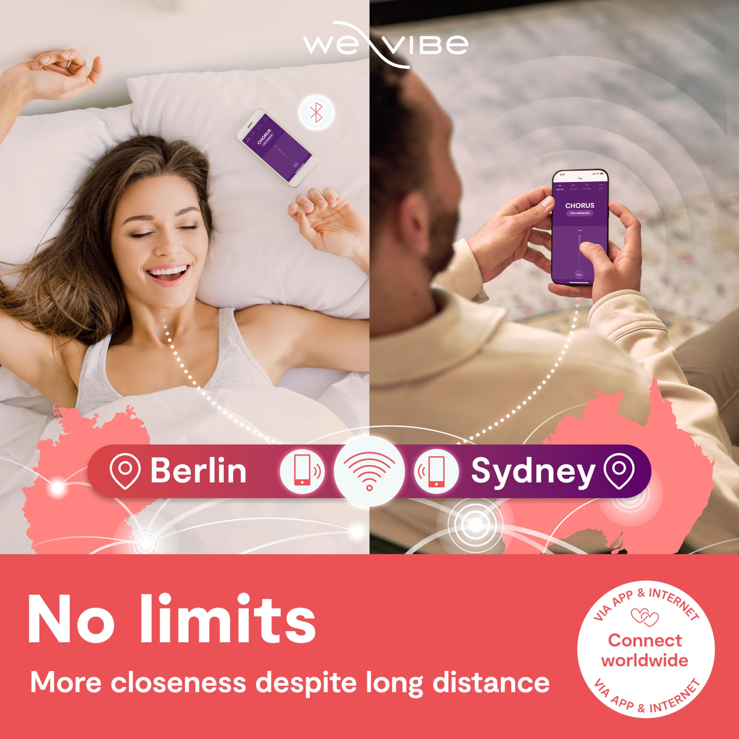 We-Vibe Chorus Vibratore per Coppie - Sex Toy per Uomo Donna - Punto G e Clitoride - con Telecomando Squeeze e Controllo App - Impermeabile