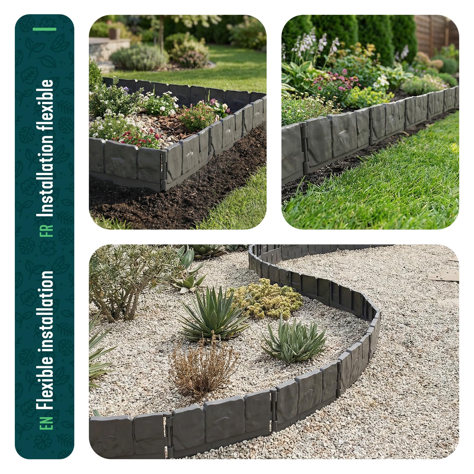 VOUNOT® Bordura per Aiuola Effetto Pietra 10,7m in Plastica Ultra Resistente, Senza Scavo, Bordo Giardino Decorativa Facile da Installare, per Vialetti, Aiuole e Prati, Set da 70 Pezzi, Grigio