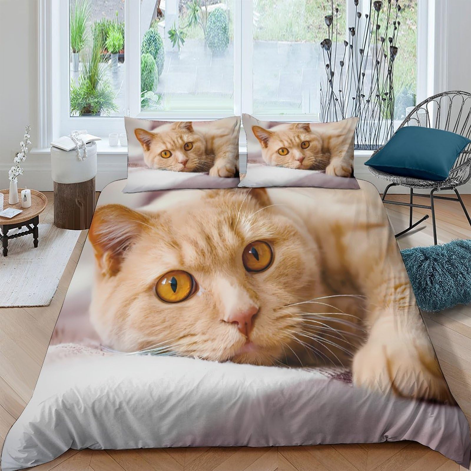 GPLZQXKJNH 3D Printed Ginger Cat Duvet Cover Microfiber Soft Breathable Kitten Bedding Set with 2 Pillowcases for Bedroom Decor Single（135x200cm）