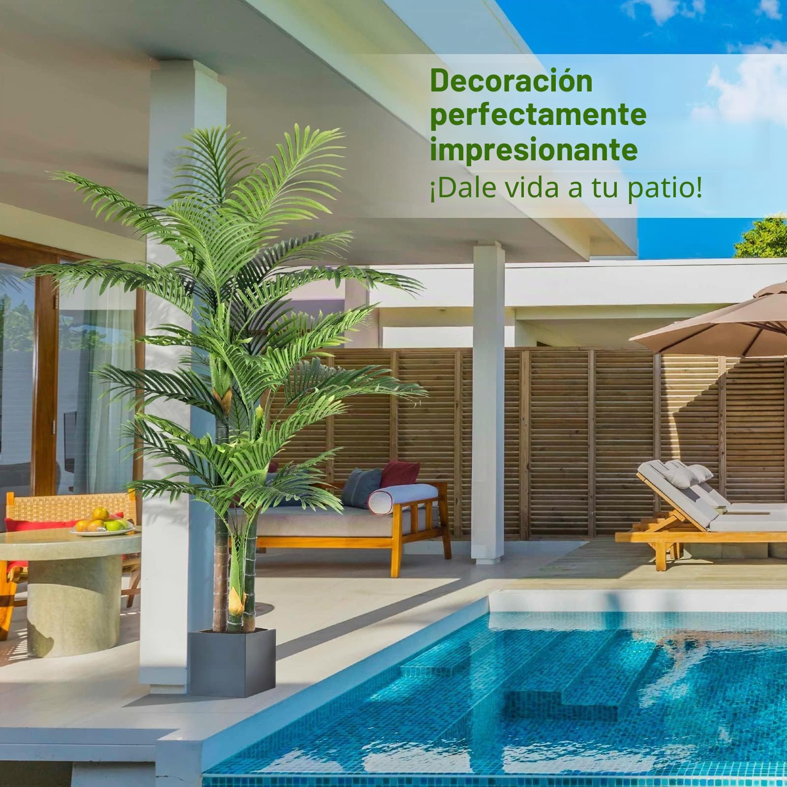 Palmera Artificial Triple Dorado 180cm, Planta Artificial Exterior Grande, arbol Artificial Interior o Exterior Alta para Patio Junto a la Piscina Césped Oficina Salón Balcón Jardín (1Pack)