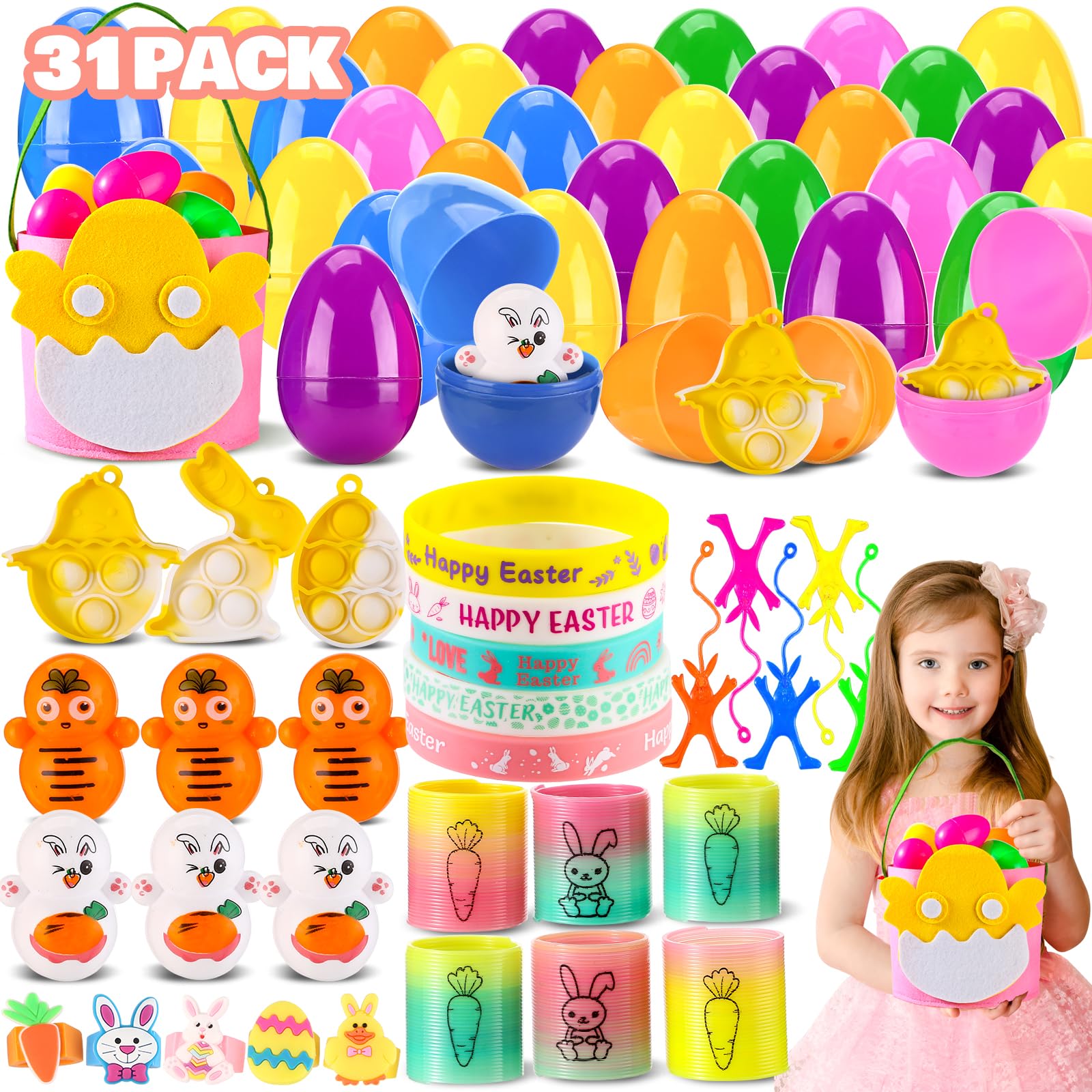 31 Pack Prefilled Easter Eggs with Toys Inside, Easter Basket Stuffers for Kids Plastic Easter Eggs Filled Bulk Toys, Stuffed Easter Egg Fillers for Easter Hunt Party Favors, Easter Classroom Prizes