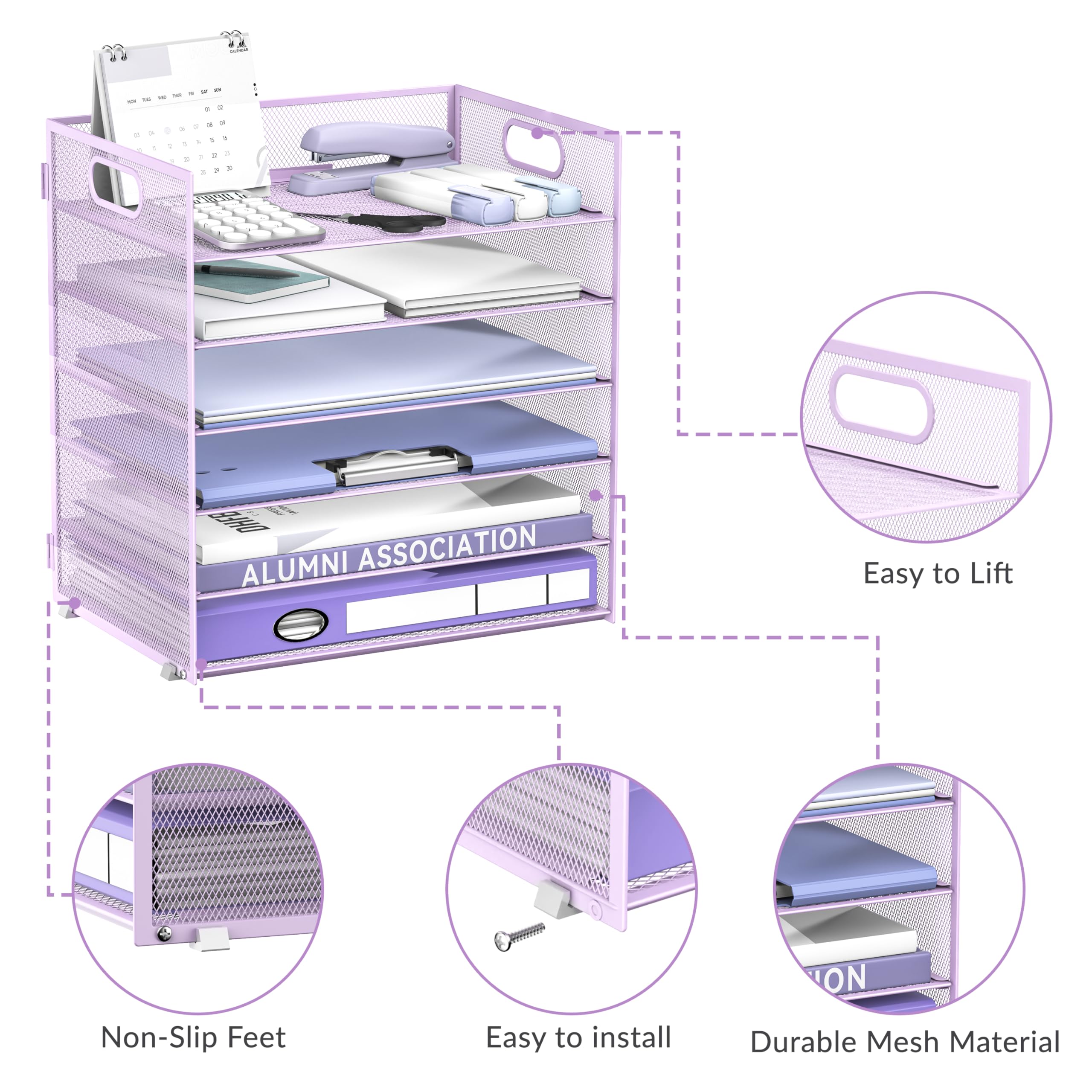 Daltack Organiseur de Papier à 6 Niveaux pour Bureau, bac à courrier en Maille avec poignée pour Bureau, Maison, école, Violet