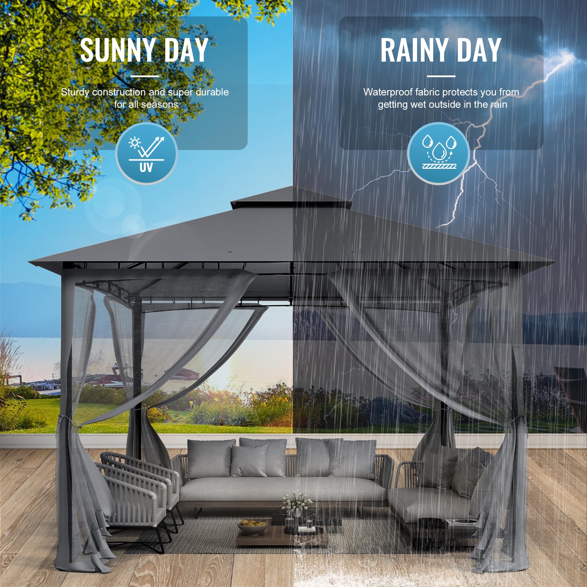 UDPATIO Pavillon 3,35x3,35m Wasserdicht Stabil Winterfest, Gartenpavillon mit Doppeldach, Moskitonetz und Metallrahmen, Doppeldach Gartenlaube für Garten, Terrassen (Grau)