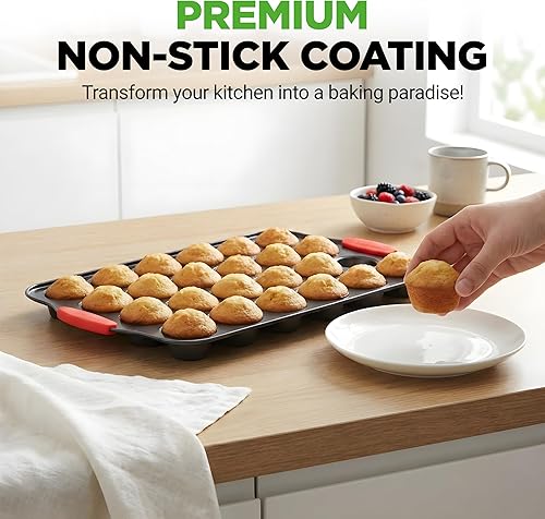 Miniatura 2 de NutriChef Mini molde antiadherente para magdalenas de 24 tazas, bandeja de acero al carbono resistente con asas de silicona rojas, hornea mini