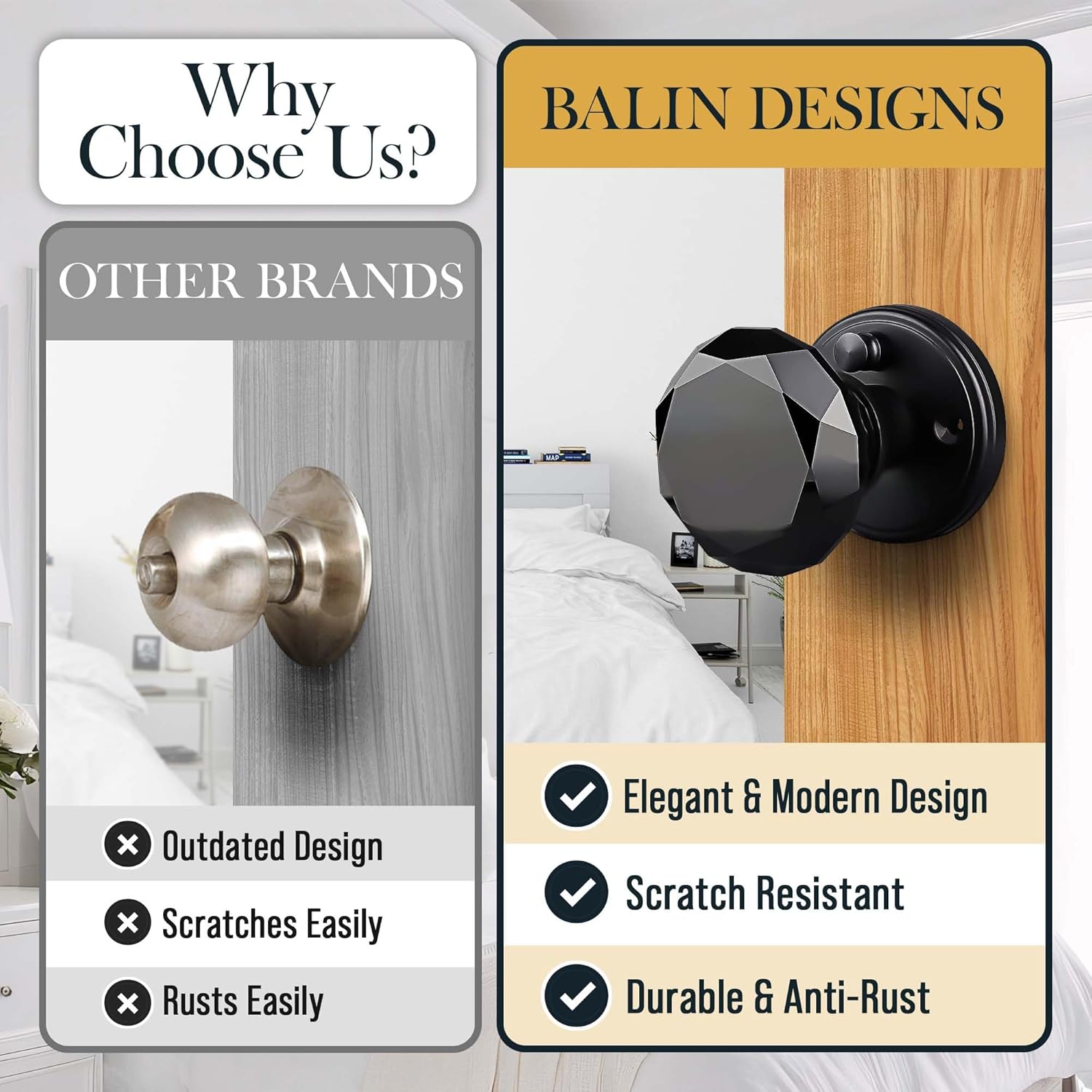 Black Crystal Door Knob with Lock, Glass Door Knobs Interior Privacy Set, Vintage Decorative Antique Style Handle for Bedroom, Bathroom, Closet, 1 Pack