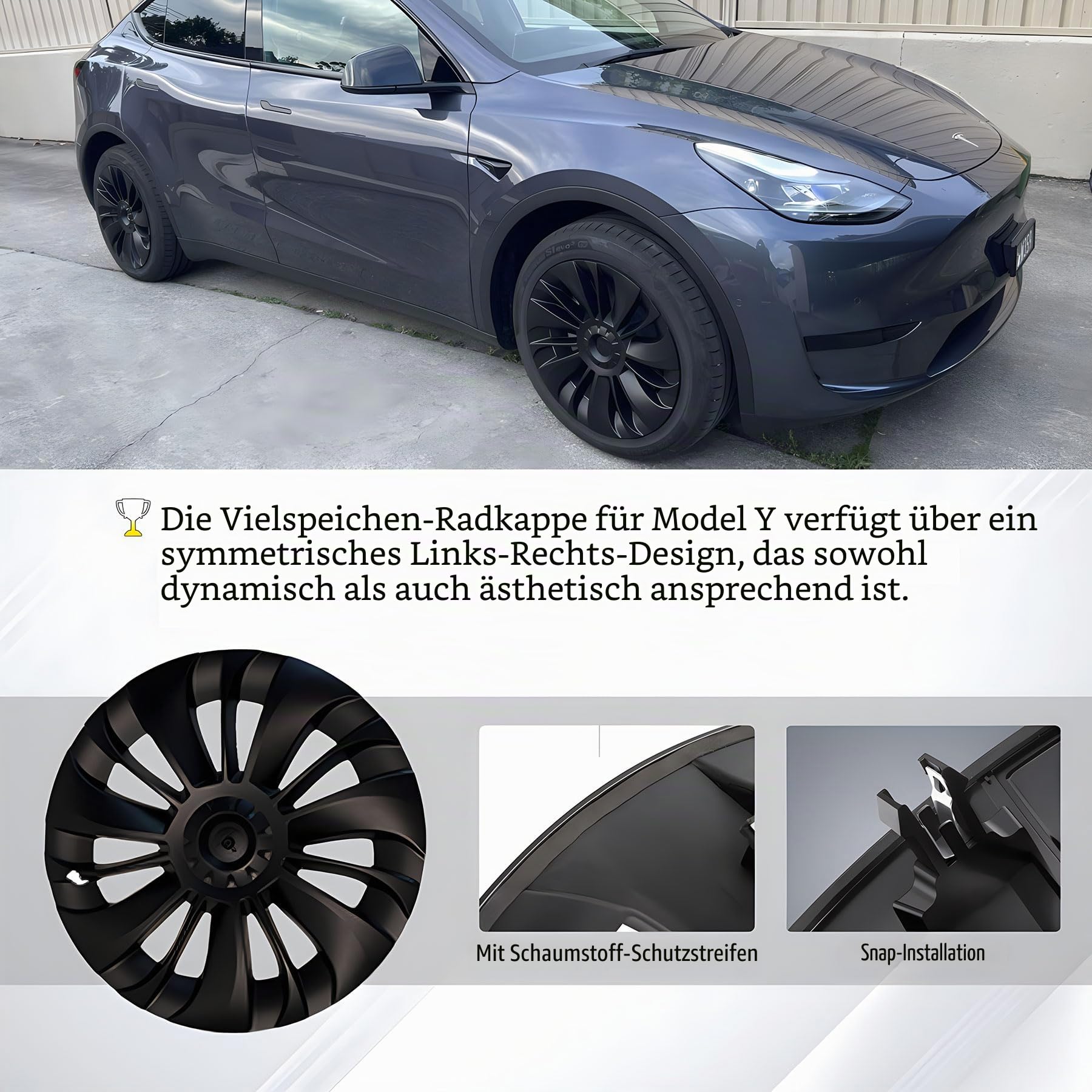 KAVANIC passend für Tesla Model Y Radabdeckung, Radkappe 19 Zoll, Mattschwarz, unterstützt Logo-Symmetrie-Design (4 Stück), Cyclone-Stil, 2020–2024 Modell Y Gemini Radabdeckung Ersatz