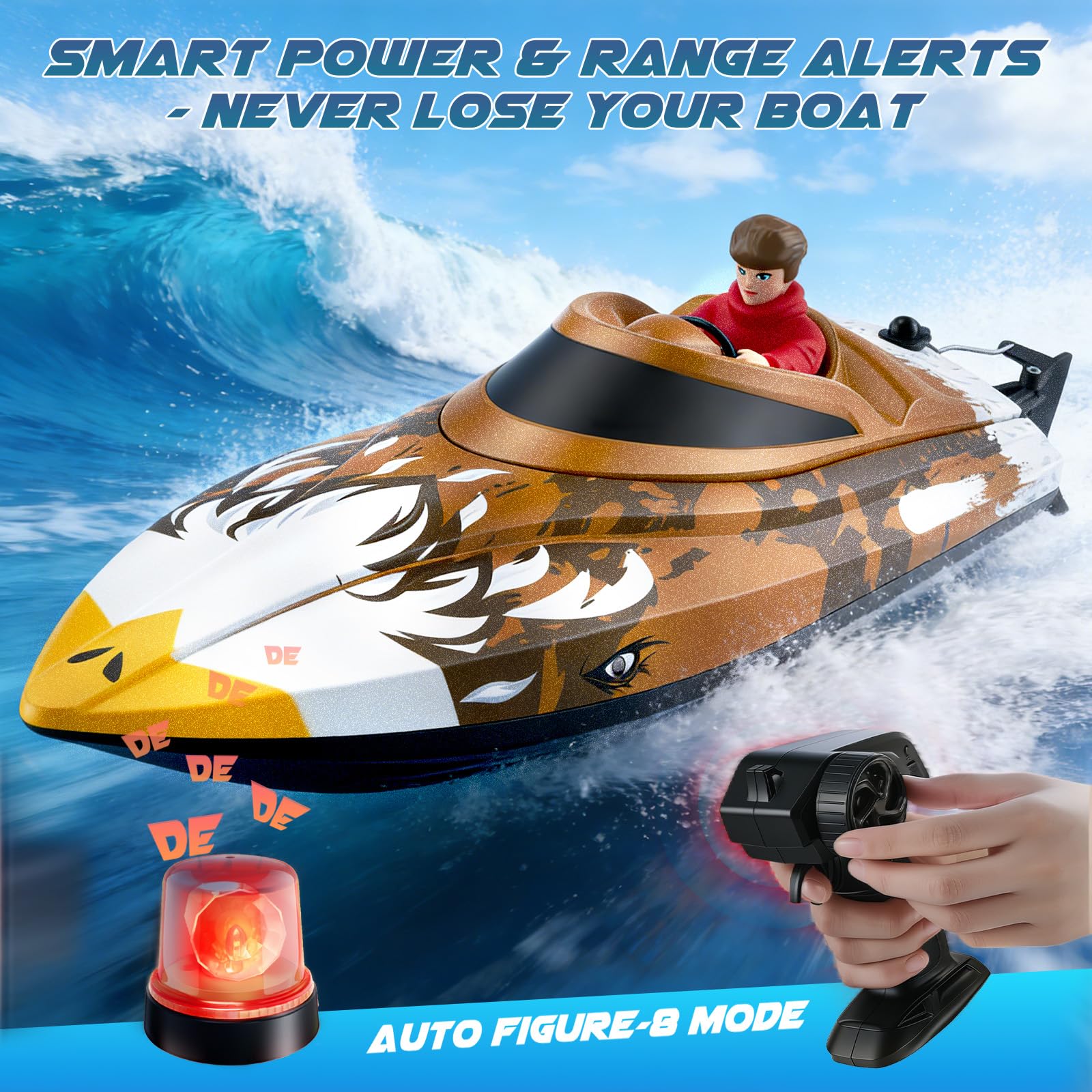 Bateau RC télécommandé 25 km/h - Bateau de course haute vitesse étanche avec 2 batteries et télécommande 2,4 GHz pour piscine, lac et étang - Pour enfants et adultes (Marron)