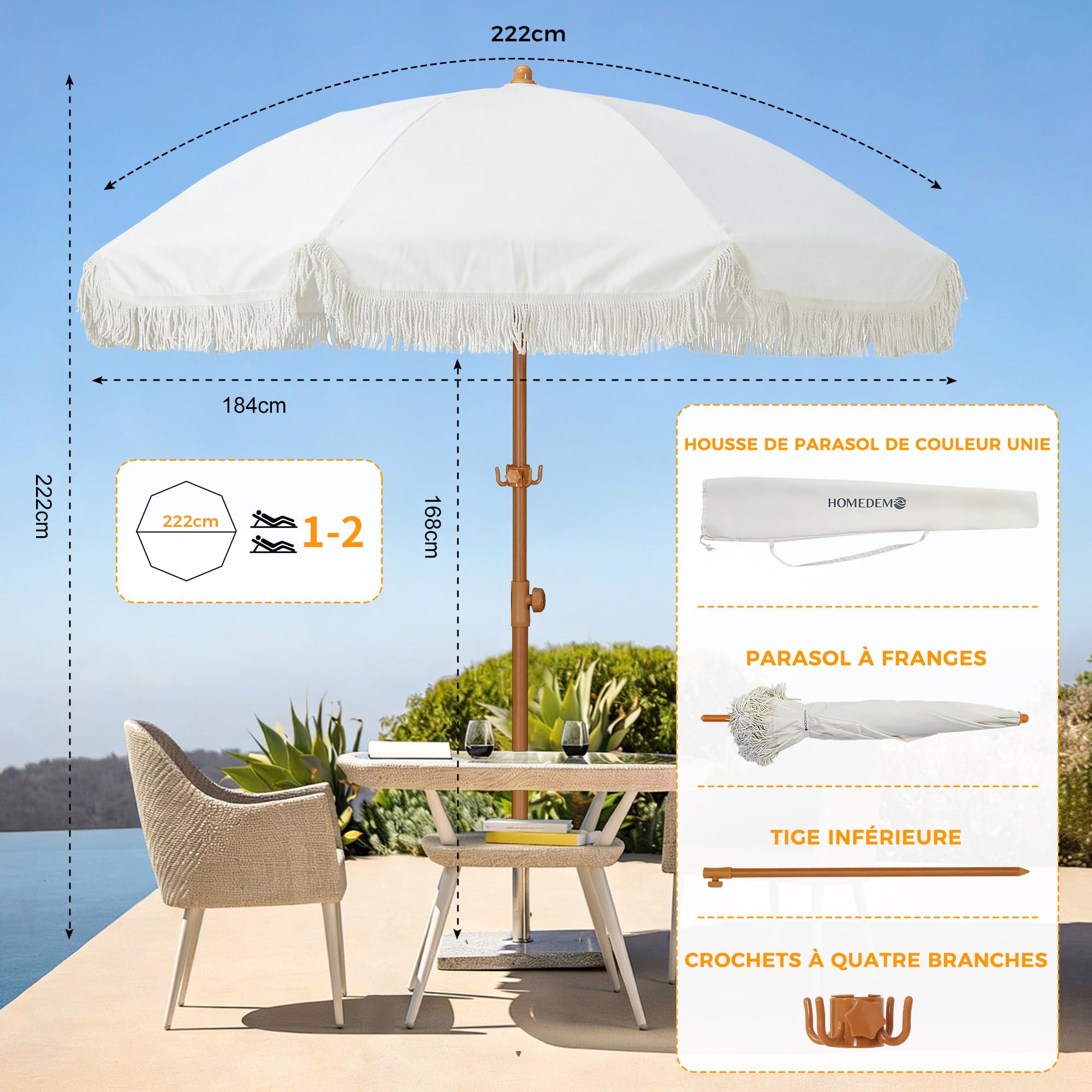 HOMEDEMO Parasol de plage à franges 200 cm, adapté jardin, marché et terrasse, rond blanc avec housse de protection, protection UV50+
