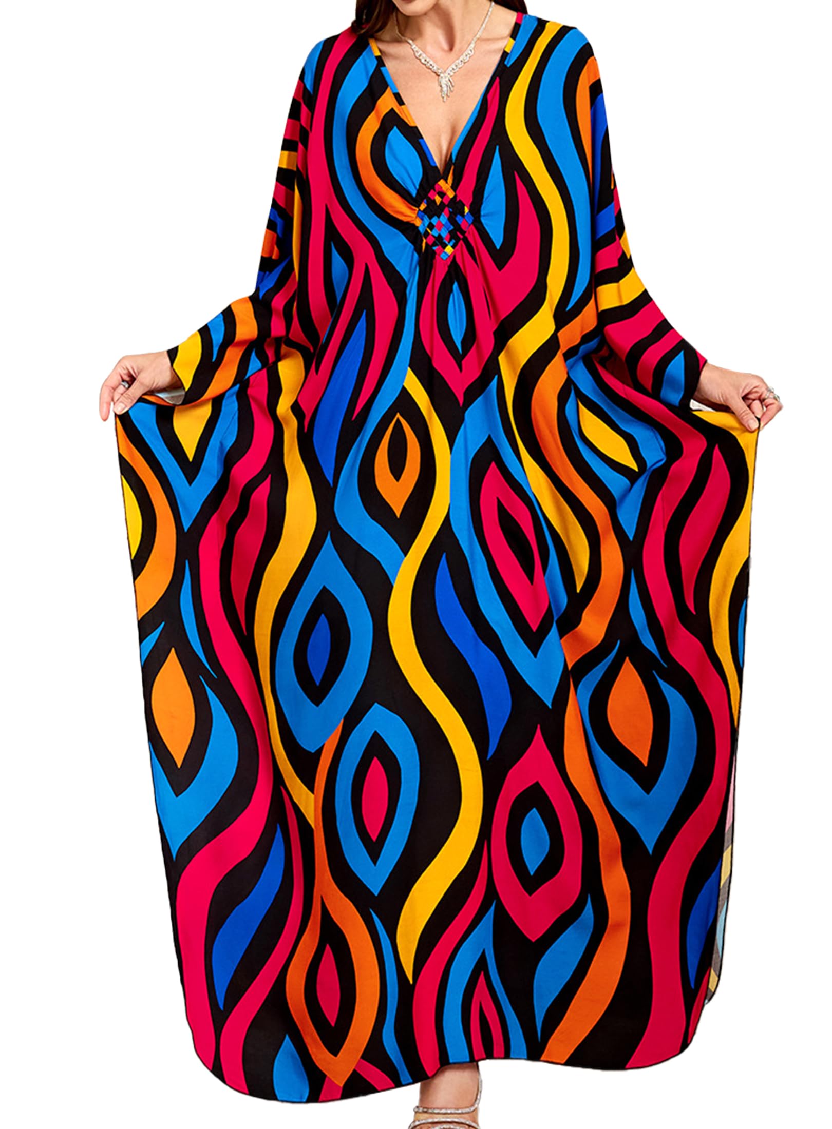 Women Kaftan Dresses Plus Size V-Neck Batwing Sleeves Beach Cover Up Summer Floral Print Caftan Dress