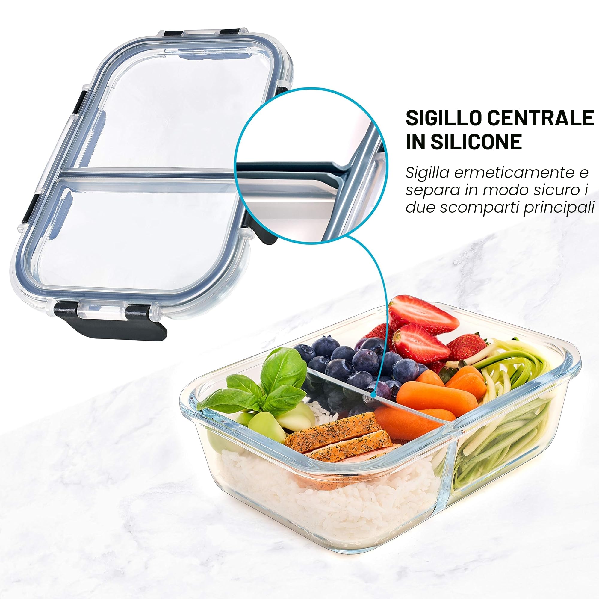 Igluu Meal Prep Contenitori Ermetici per Alimenti in Vetro con Coperchi (Set da 3) – 2 Scomparti – Senza BPA – Forno, Microonde, Freezer e Lavastoviglie – 980 ml – Vetro Borosilicato