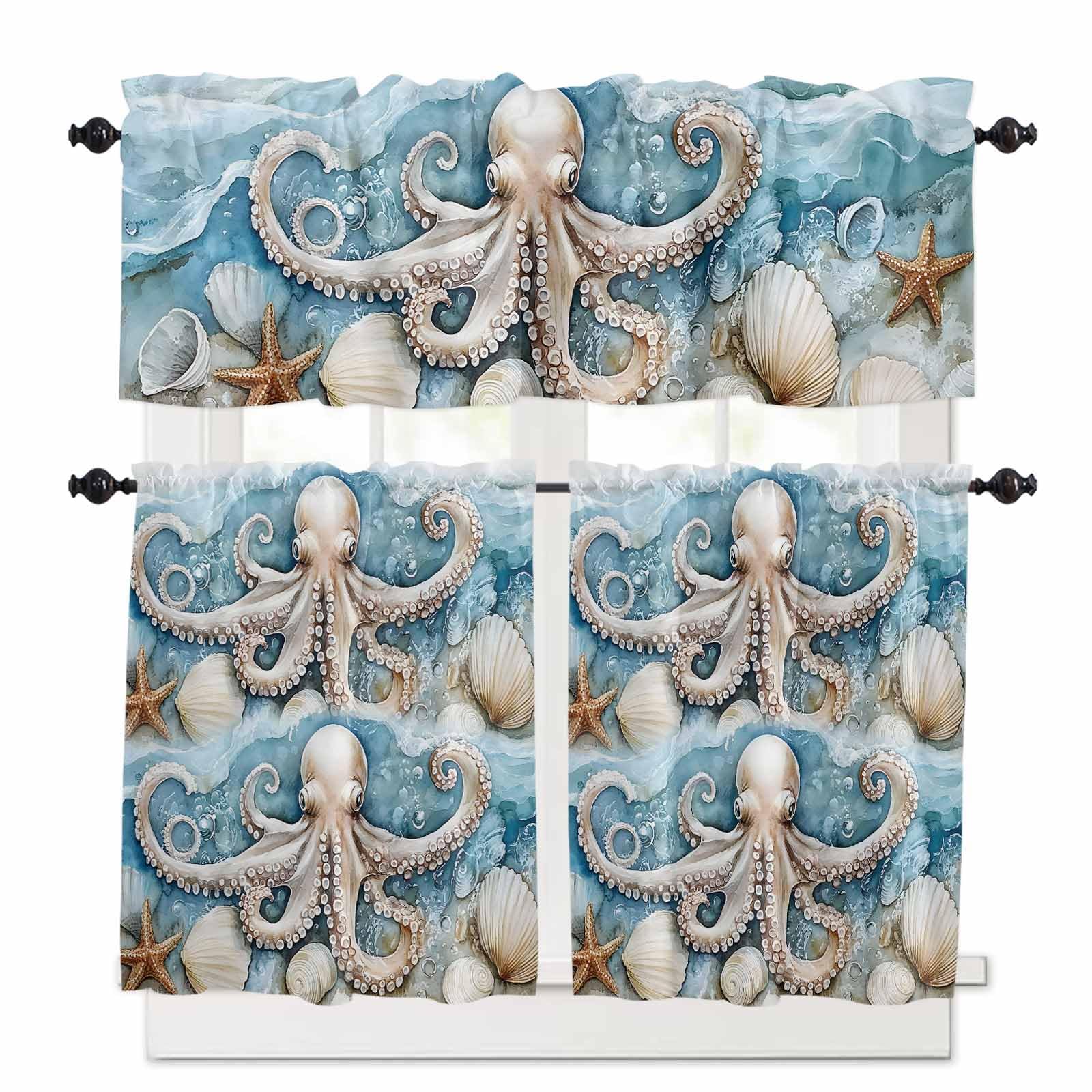 Octopus Kitchen Curtains 36 Inch Length, 3 Piece Rod Pocket Small Half Tiers and Valance Set, Coastal Ocean Starfish Shell Blue Watercolor Small Large Window Treatment Decor for Bedroom/Bathroom Sink