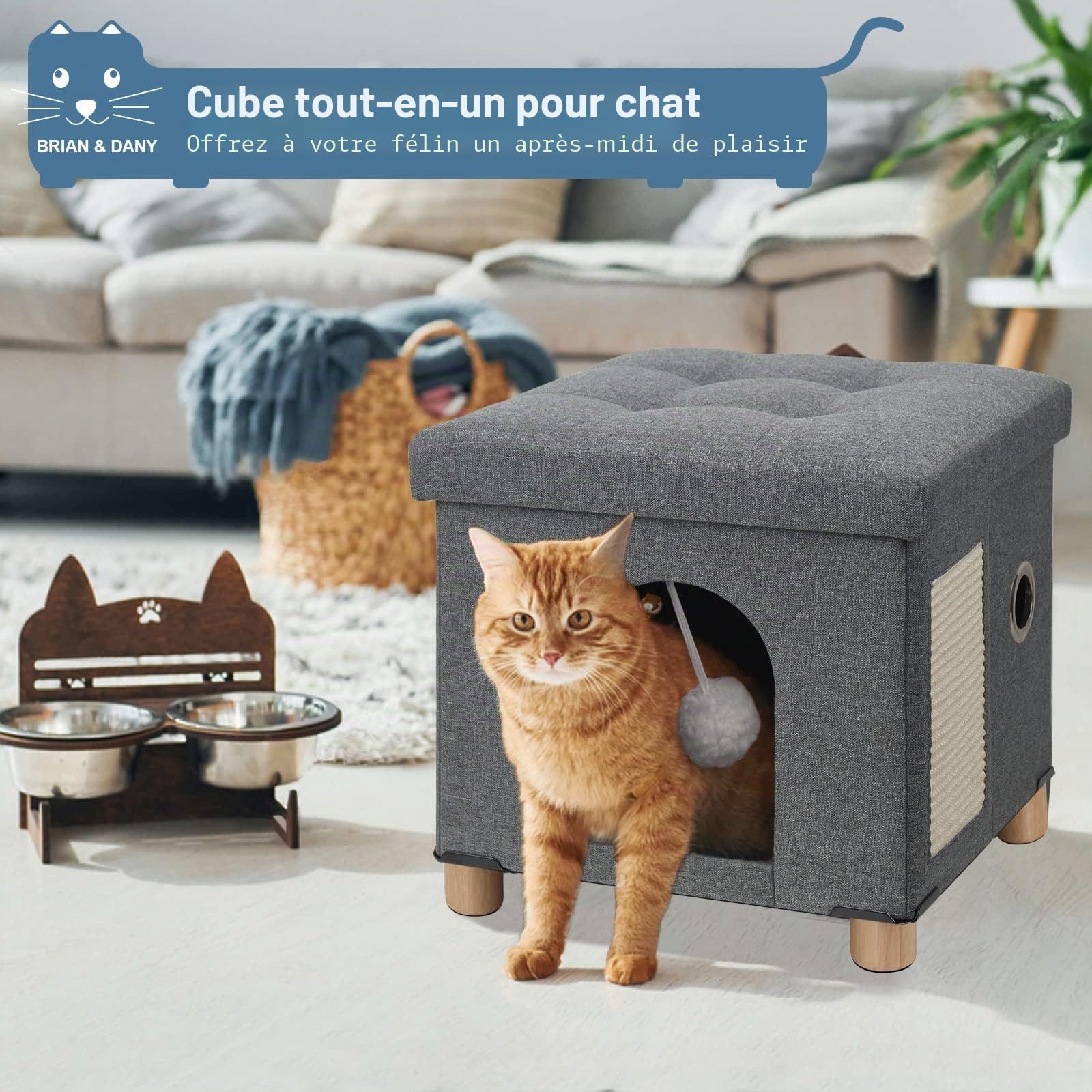 BRIAN & DANY Niche Chat, Pliable Maison pour Chat avec Planche à Grattoir et Balle pour Chats, pour Pouf Coffre de Rangement, 37,5 x 32,5 x 36 cm, Gris