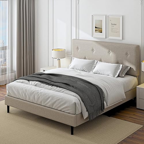 Miniatura 7 de Marco de cama de lino tamaño Queen, marco de cama tapizado con cabecera ajustable, soporte de listones de madera, no necesita somier, fácil montaje,