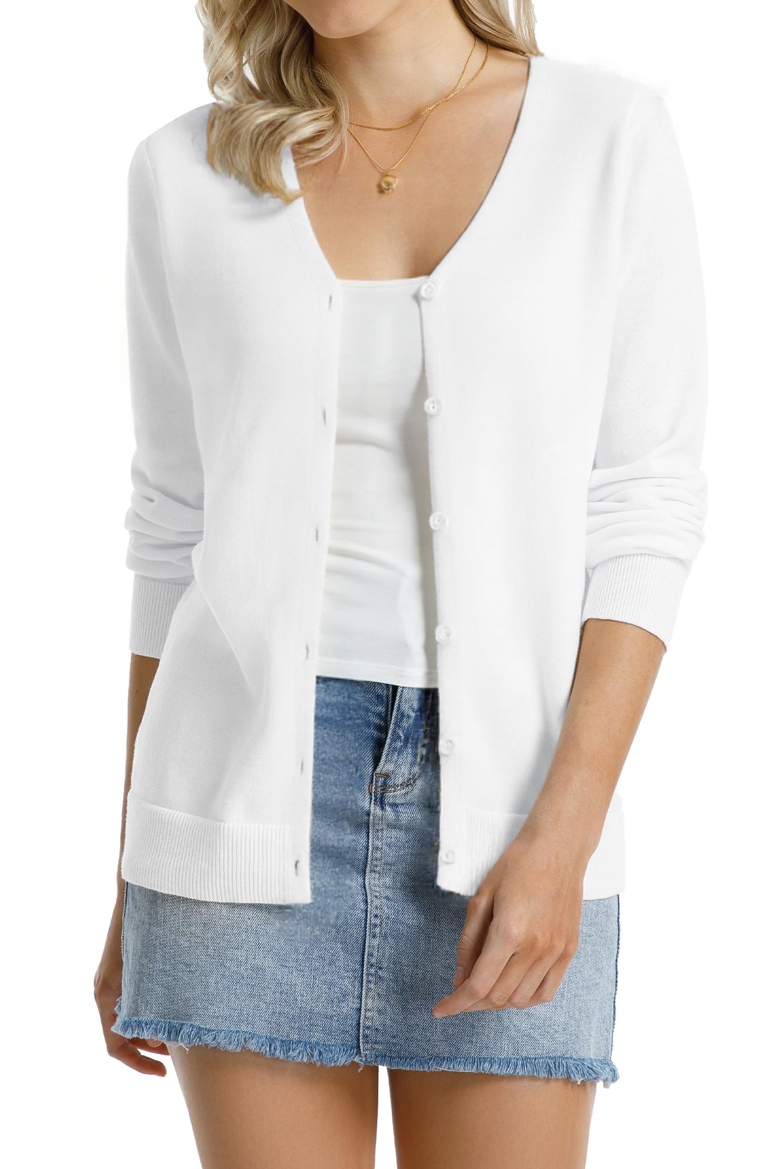 QUALFORT Women's 100% Cotton Lightweight Cardigans Long Sleeve Sweater