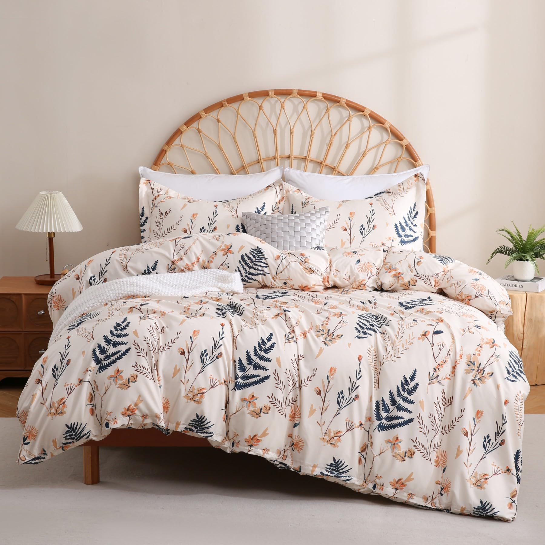 JSD Fall Floral Duvet Cover Set King Size, 3 Piece Boho Botanical Printed Microfiber Comforter Covers Zipper Closure