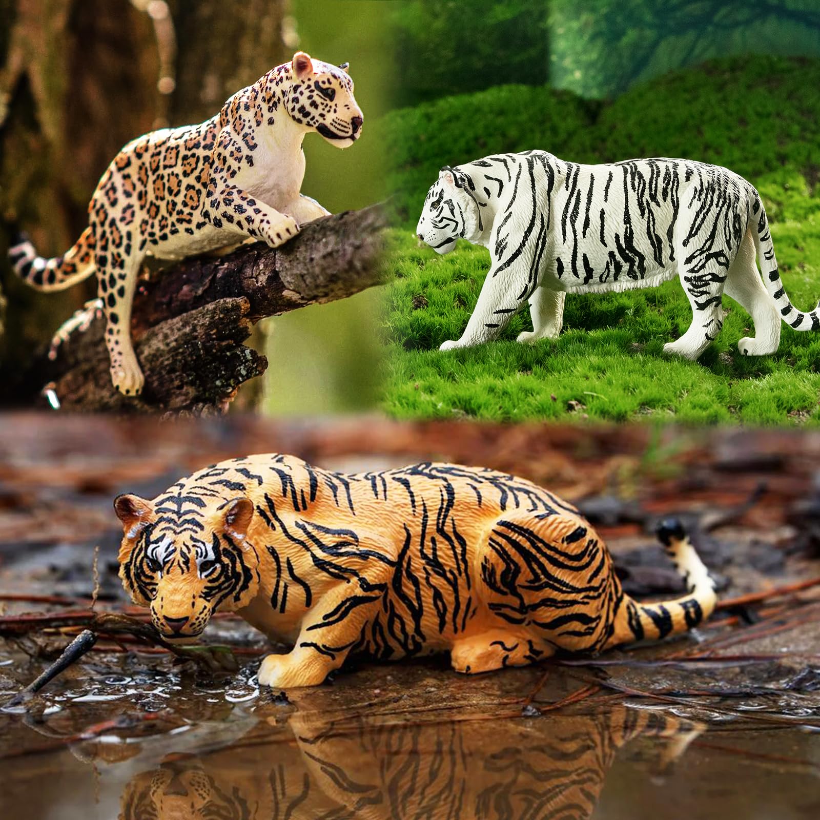 TOYMANY Zestaw 12 figurek zwierząt dżungli i pień drzewa, realistyczne figurki lwów, tygrysów i figurek jaguara, figurki zwierząt z dżungli zoo dla dzieci