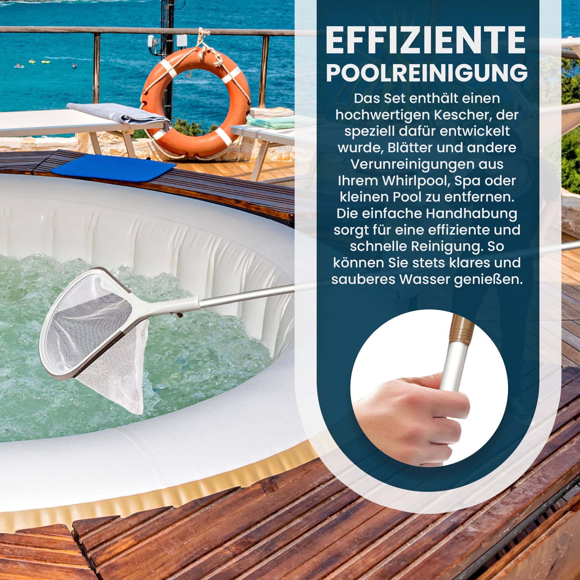 Sunik Spa Poolreinigungsset - Whirlpool Reiniger Set 3-teilig - Whirlpool Zubehör Wartungsset mit Teleskopstange, Kescher klein & Bürste - Whirlpool reinigungsset für Pools & Spa