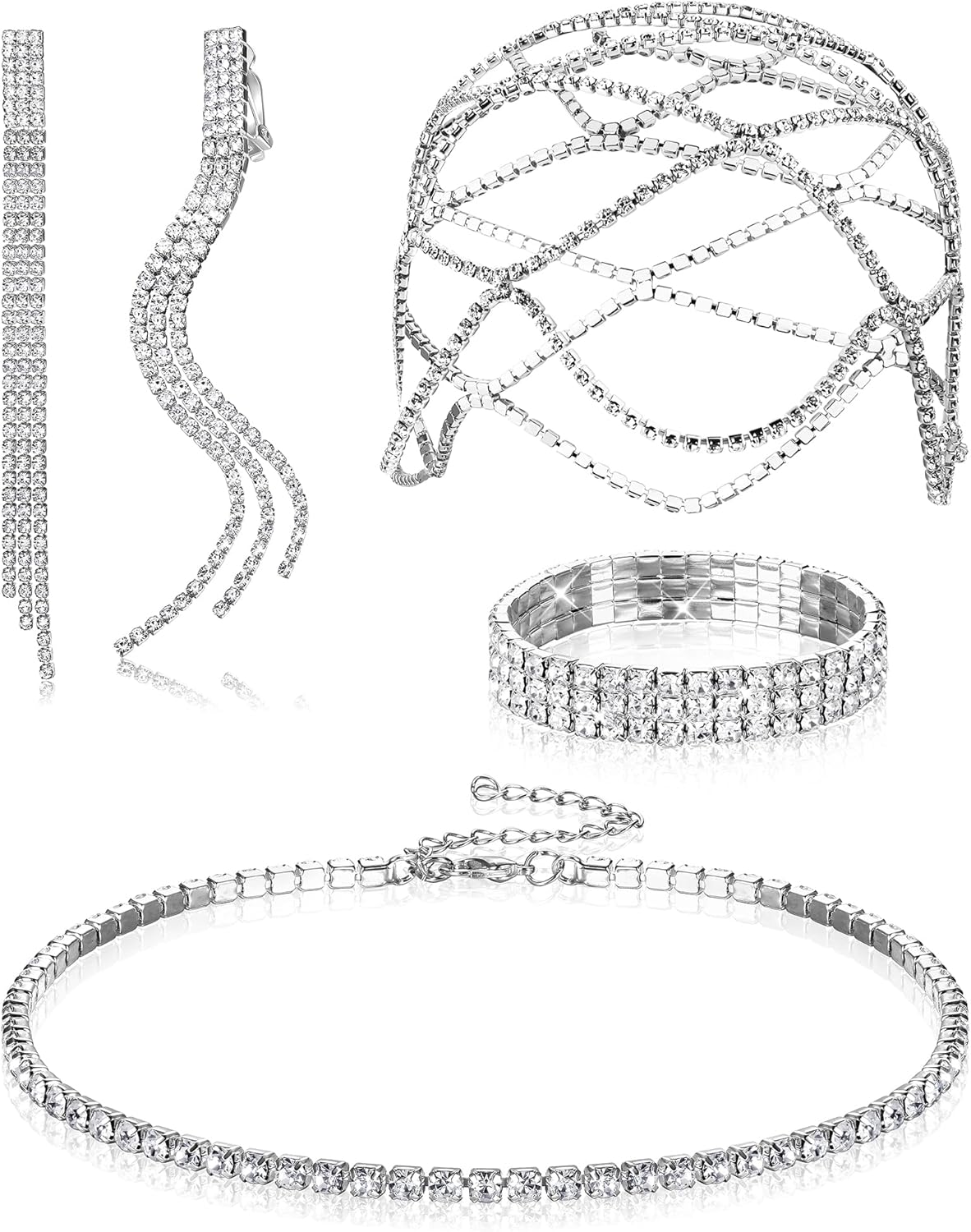 Drperfect Women Rhinestone Jewelry Set Flapper Cap Headpiece Head Jewelry Chains Stretch Bracelet Choker Necklace Dangle Fringe Earrings Silver Accessories for Wedding Jewelry Drperfect Women Rhinestone Jewelry Set Flapper Cap Headpiece Head Jewelry Chains Stretch Bracelet Choker Necklace Dangle Fringe Earrings Silver Accessories for Wedding Jewelry