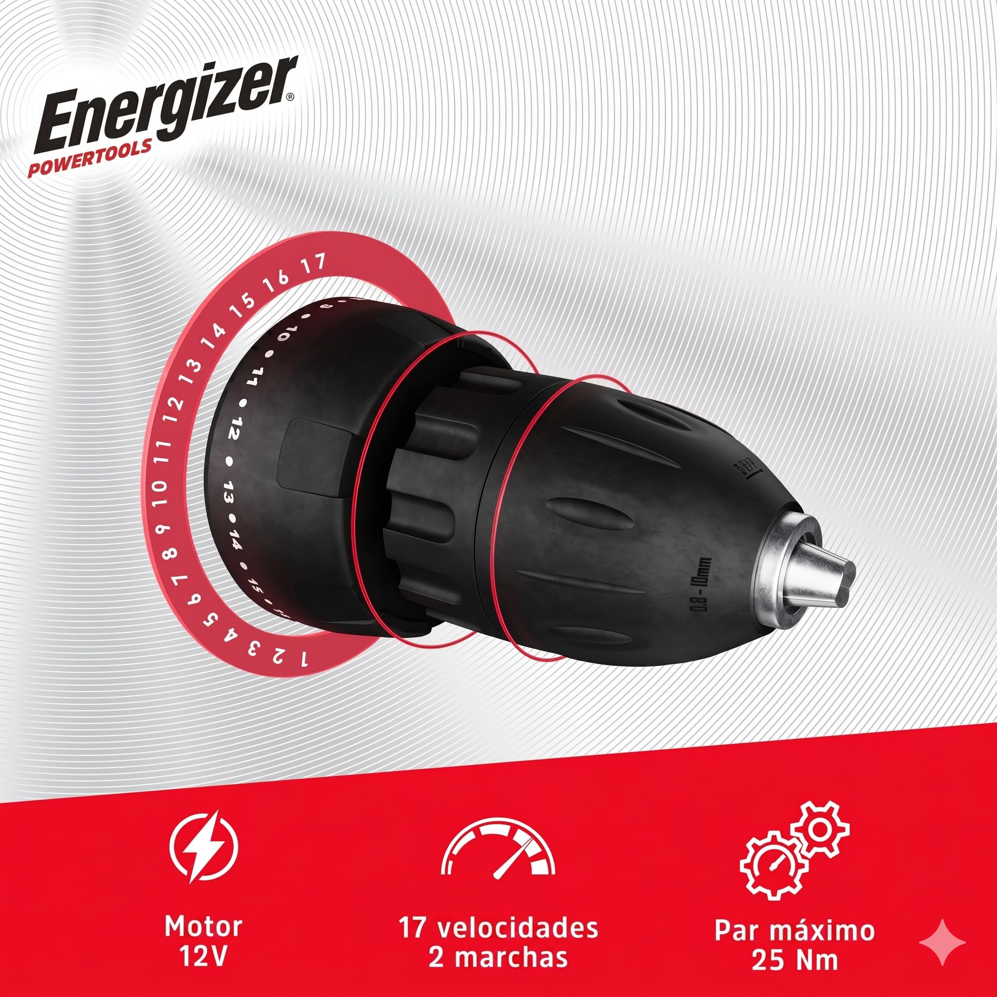 Destornillador inalámbrico Energizer de 12 V – Batería recargable integrada – 25 Nm – Mandril de 10 mm – Cable USB-A/USB-C de 1,5 m – Mango de agarre suave