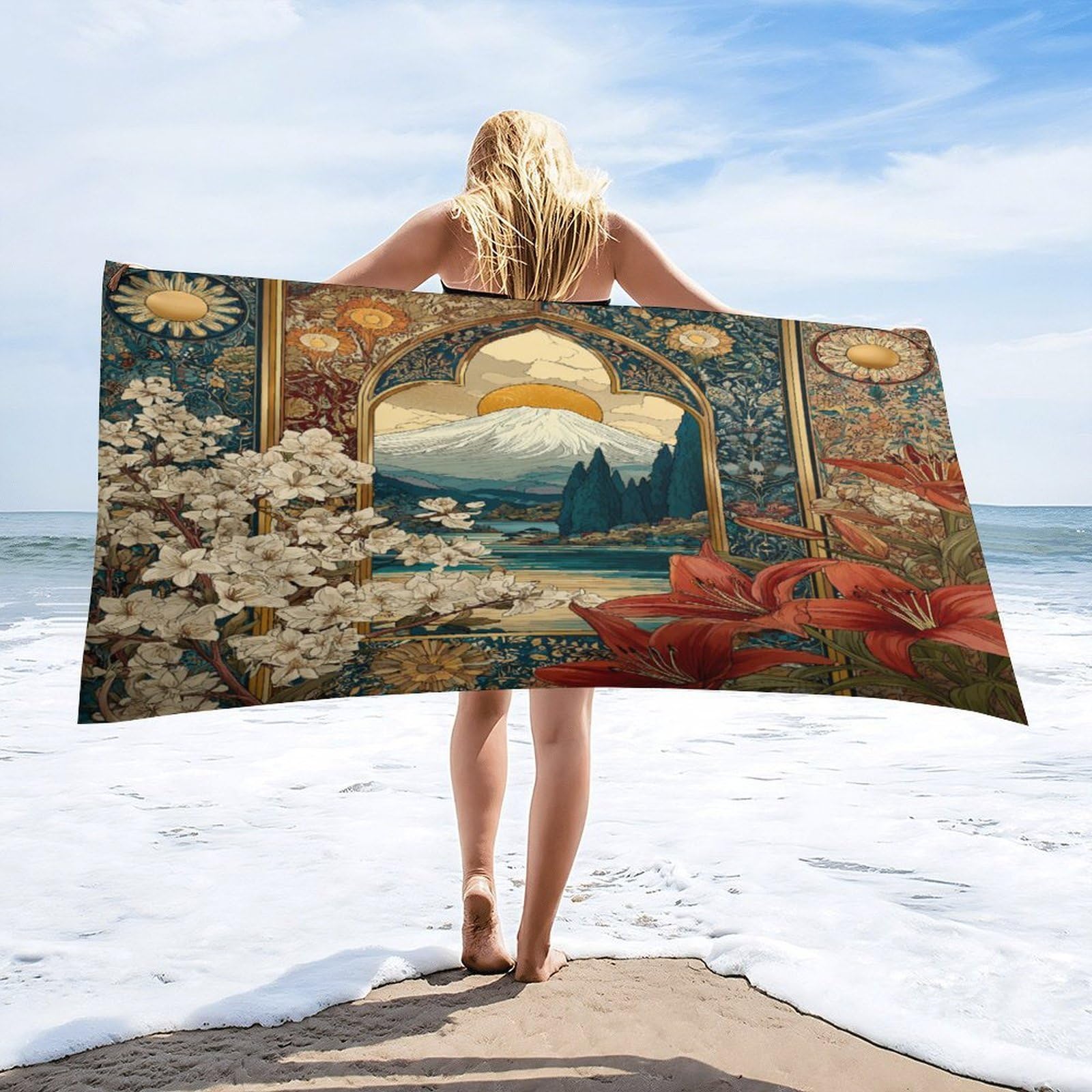 LUYYSKY Boho Abstract Sunset Landscape Absorbent Beach Towel, Retro Modern Art Mountain Lake Plant Lily Flowers Outdoor Single-Sided Velvet Beach Towel-80 W cm x 160" L cm