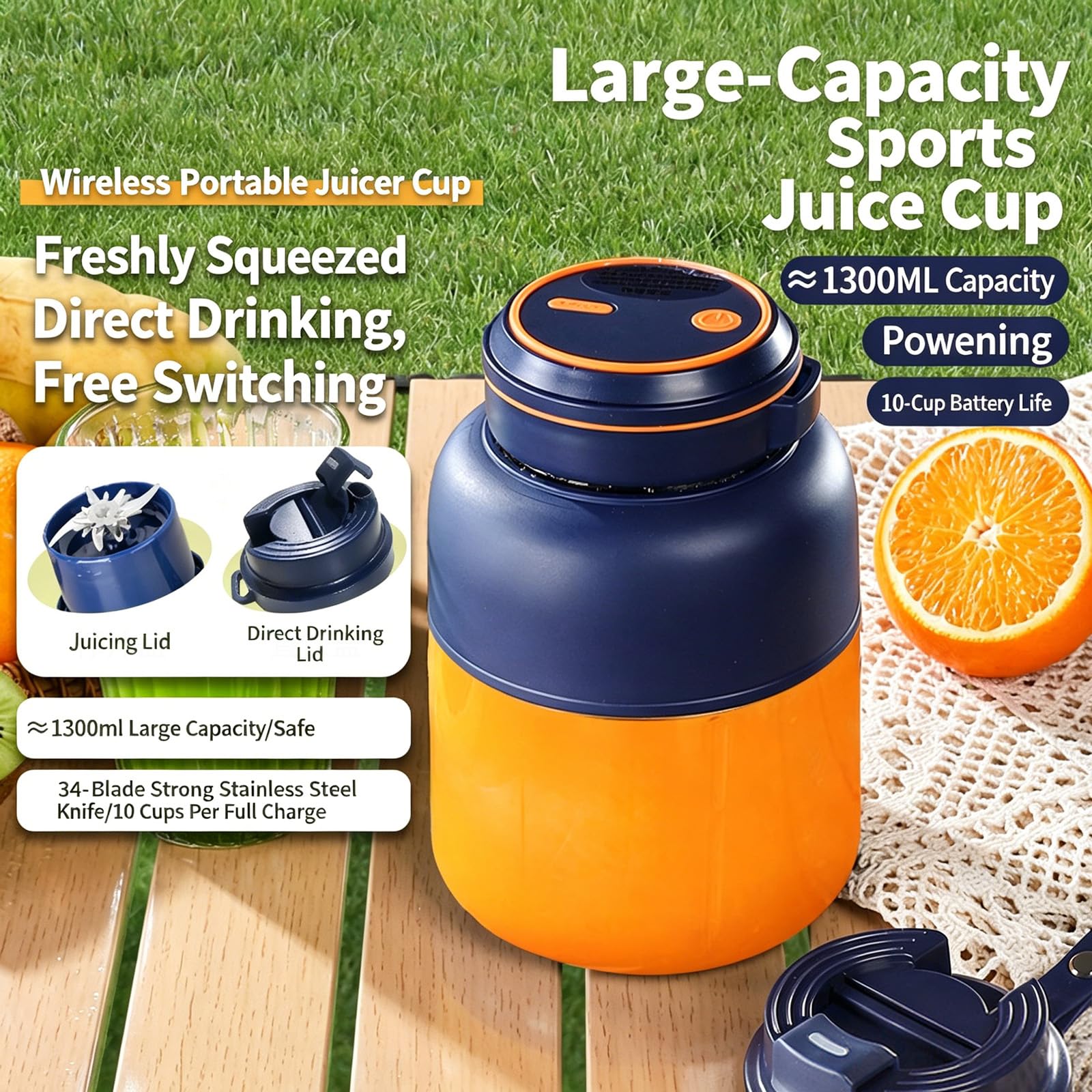 Tasse de mélange Portable pour Shakes, Presse-Agrumes Rechargeable de capacité de 1300ML, Presse-Agrumes Portable pour la Cuisine et la Maison