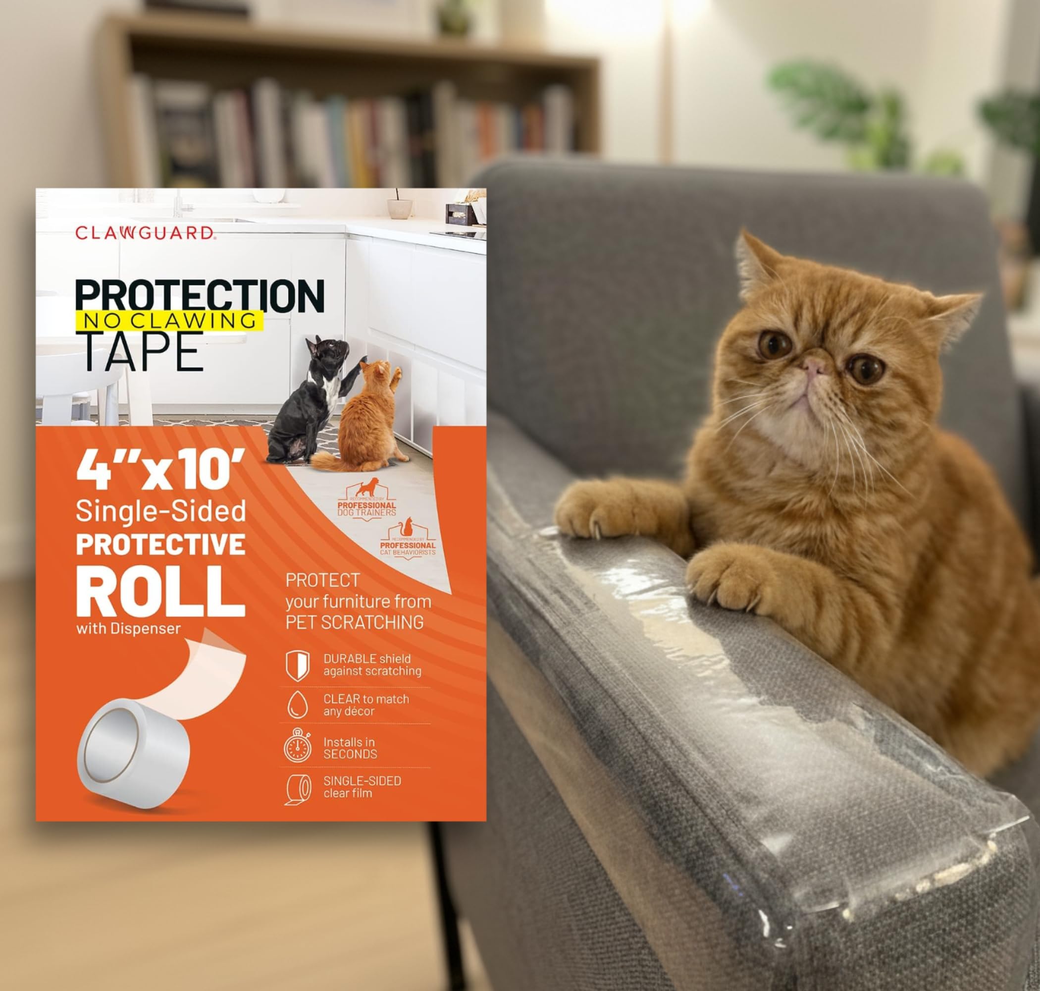 CLAWGUARD Protection Tape Roll – 4 in x 10 ft Single-Sided Scratch Barrier – Door Scratch Protector Dog & Cat – Couch Cat Scratch Protector