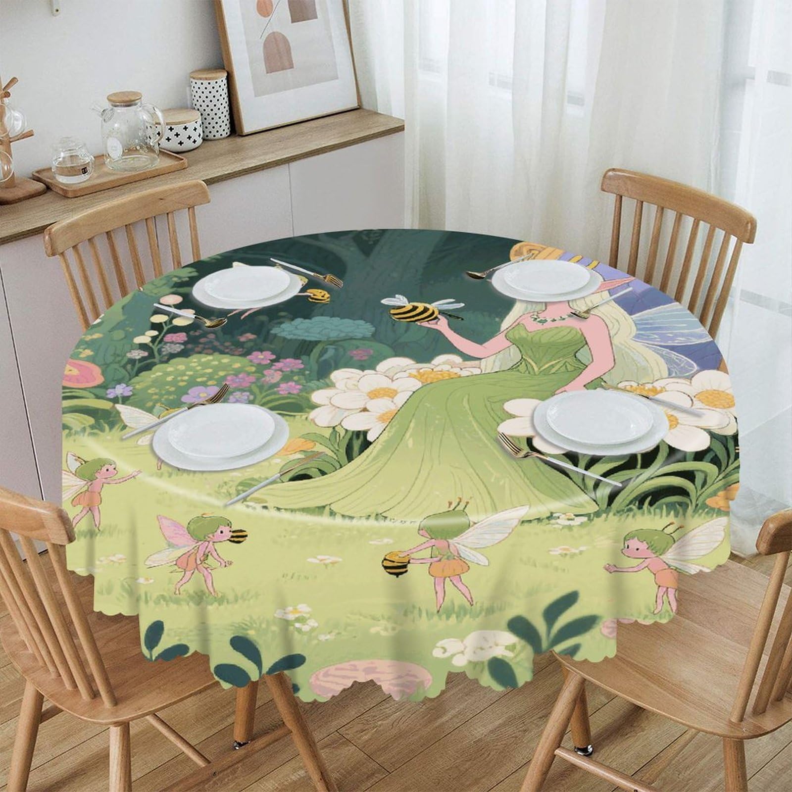 VstaDank Fairy Garden Round Tablecloth Wipeable Round Polyester Tablecloth Waterproof Wrinkle Free Indoor and Outdoor Table Cover 60 Inch Decorative Farmhouse Table Cloth for Dining