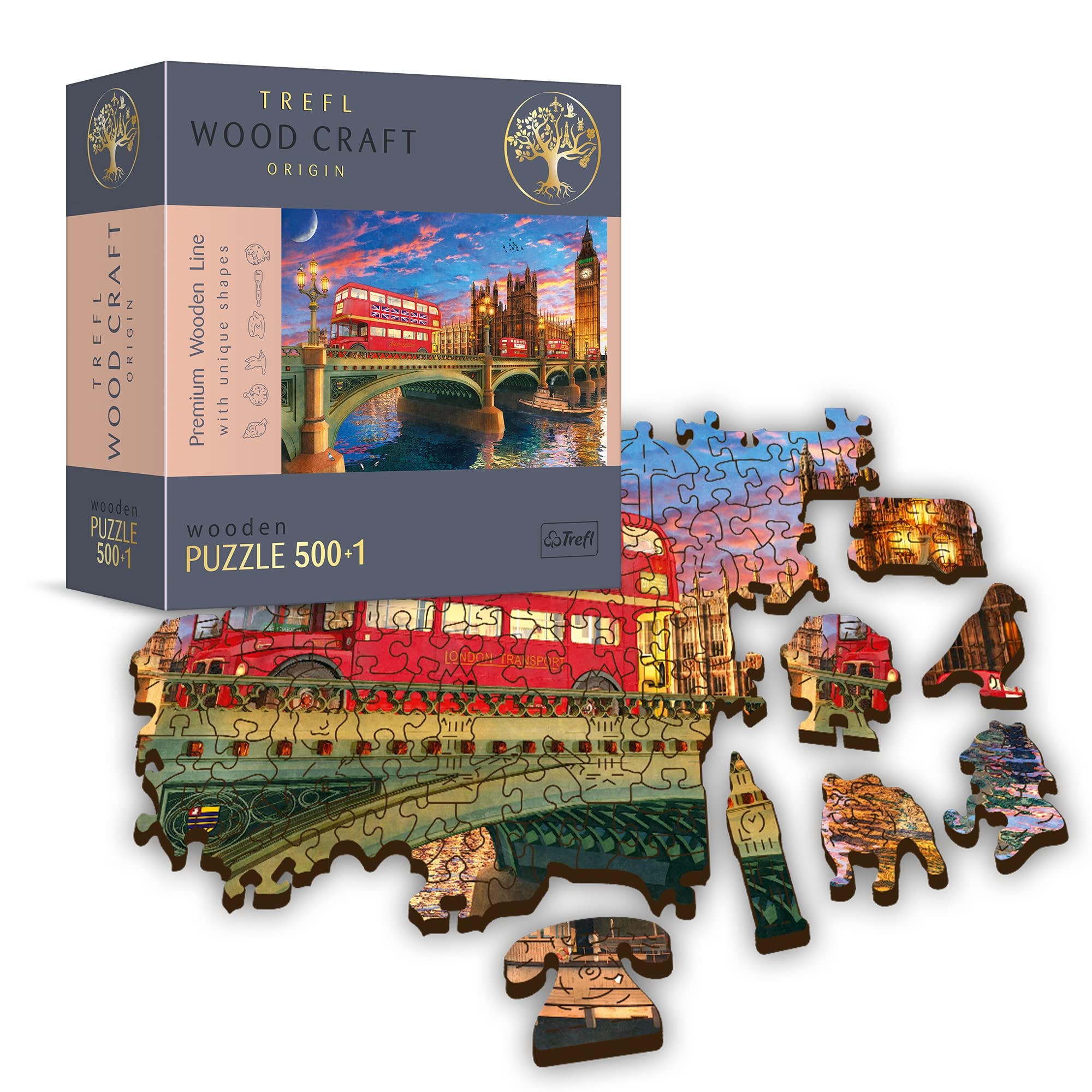 Trefl - Puzzle en Bois, Palais De Westminster, Big Ben, Angleterre, Londres London - 500+1 Pièces, Artisanat en Bois, Formes Irrégulières, 50 Figures De Monuments Et Symboles Anglais
