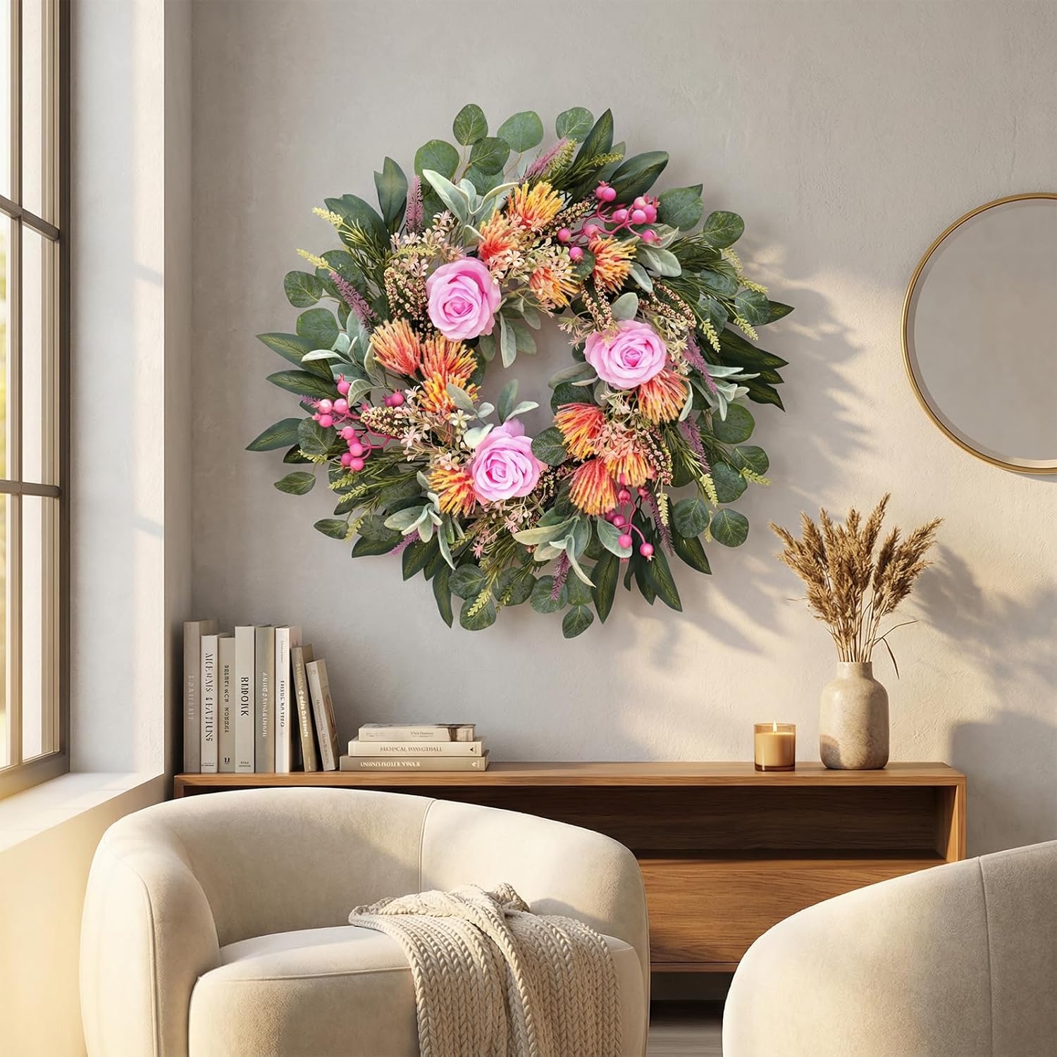 24 Inch Spring Rose Wreath Handmade Wreath for Front Door, with Eucalyptus Berries & Flocking Prote, Farmhouse Wreath for Home Indoor Outdoor Wall Festival Farmhouse Holiday Decor Year Round - Image 5