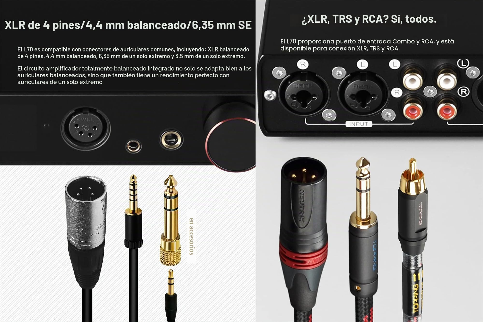 Topping L70 Amplificador de Auriculares NFCA Totalmente balanceado 4-Pin-XLR/4.4mm balanceado/6.35mm SE Amplificador de Auriculares 7500mWx2 Ouput R2R HiFi Amp Audio Hi-Res Preamplificador
