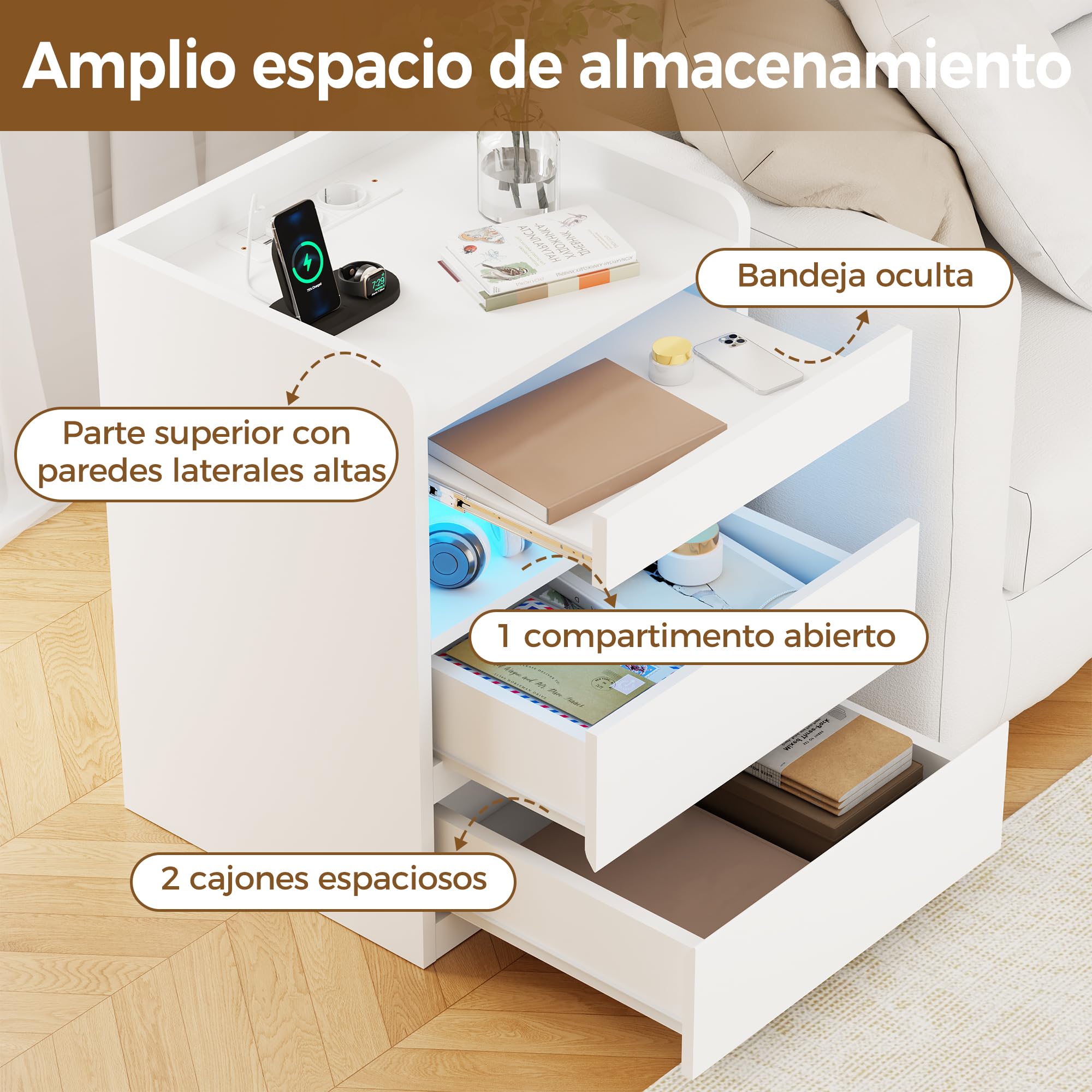 BEWISHOME Juego de 2 Mesitas de Noche,con Compartimento Oculto,con Luces LED y Estación de Carga Mesas Auxiliares(2 Tomas AC 2 Puertos USB),para Salón,Dormitorio (Blanco) EFCG02W