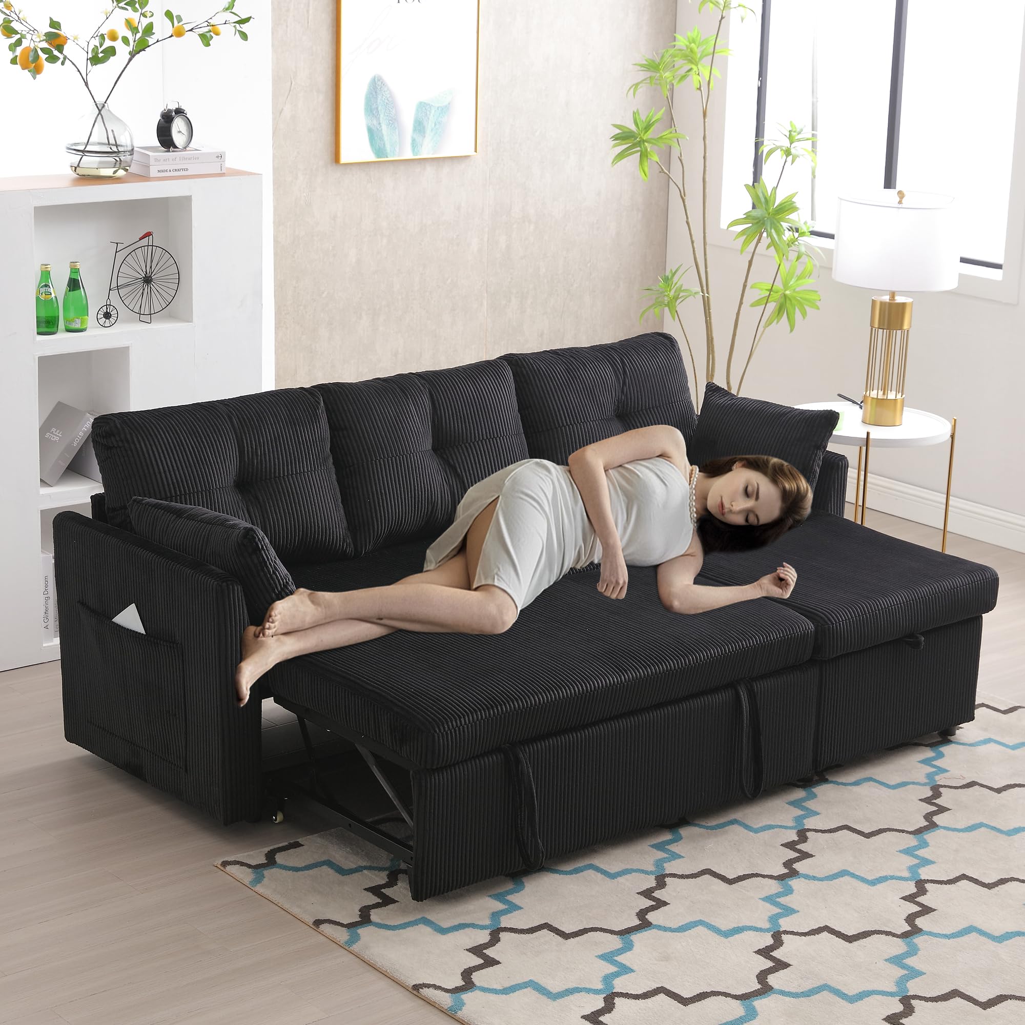 Divano Letto 3 Posti con Penisola, Divano Angolare 3 Posti Forma di L, Divano Letto Matrimoniale con Materasso, Divano 3 Posti con Braccioli e Vano Portaoggetti, Black Velvet