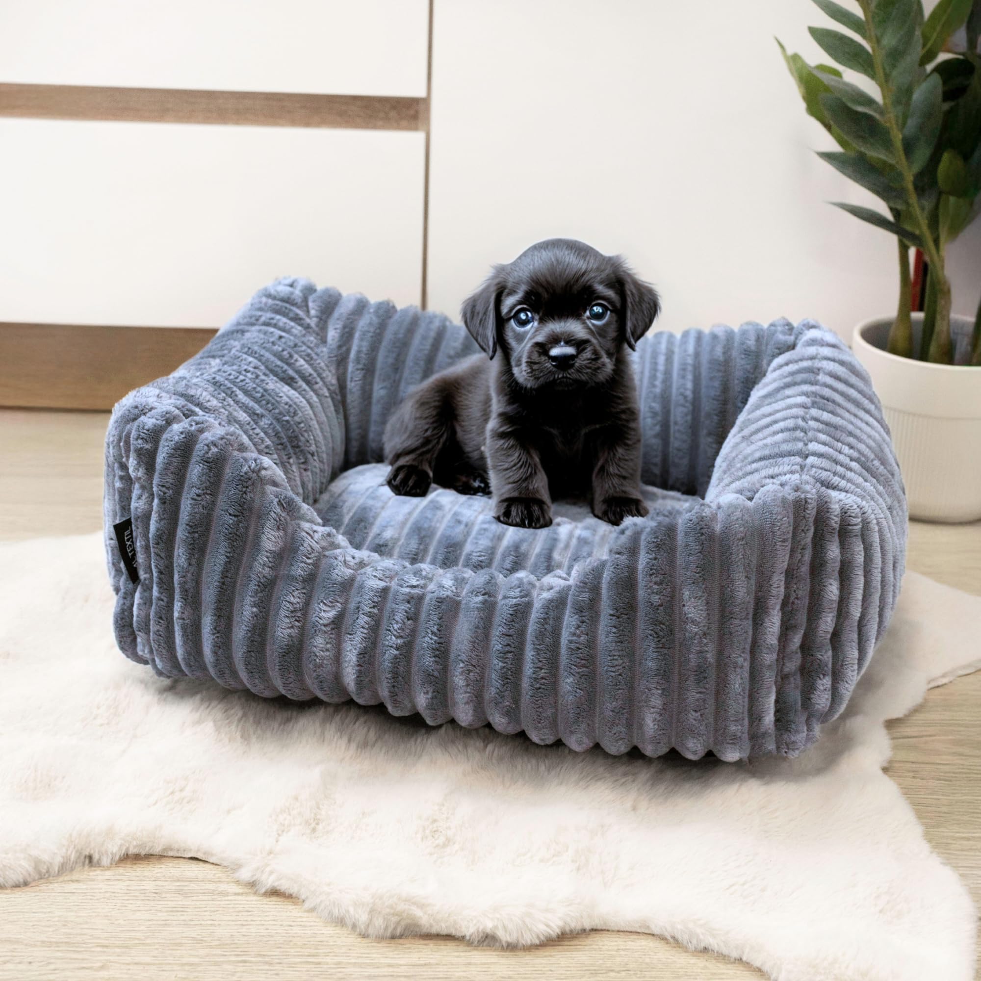 4L Textil Bella Plüsch-Hundebett Premium-LINE Kuscheliges Hundekörbchen aus Cord Katzenkorb Hundekorb für Welpen Hundebett flauschig Hundesofa kleine Hunde (Dunkelgrau, 90x70 cm)