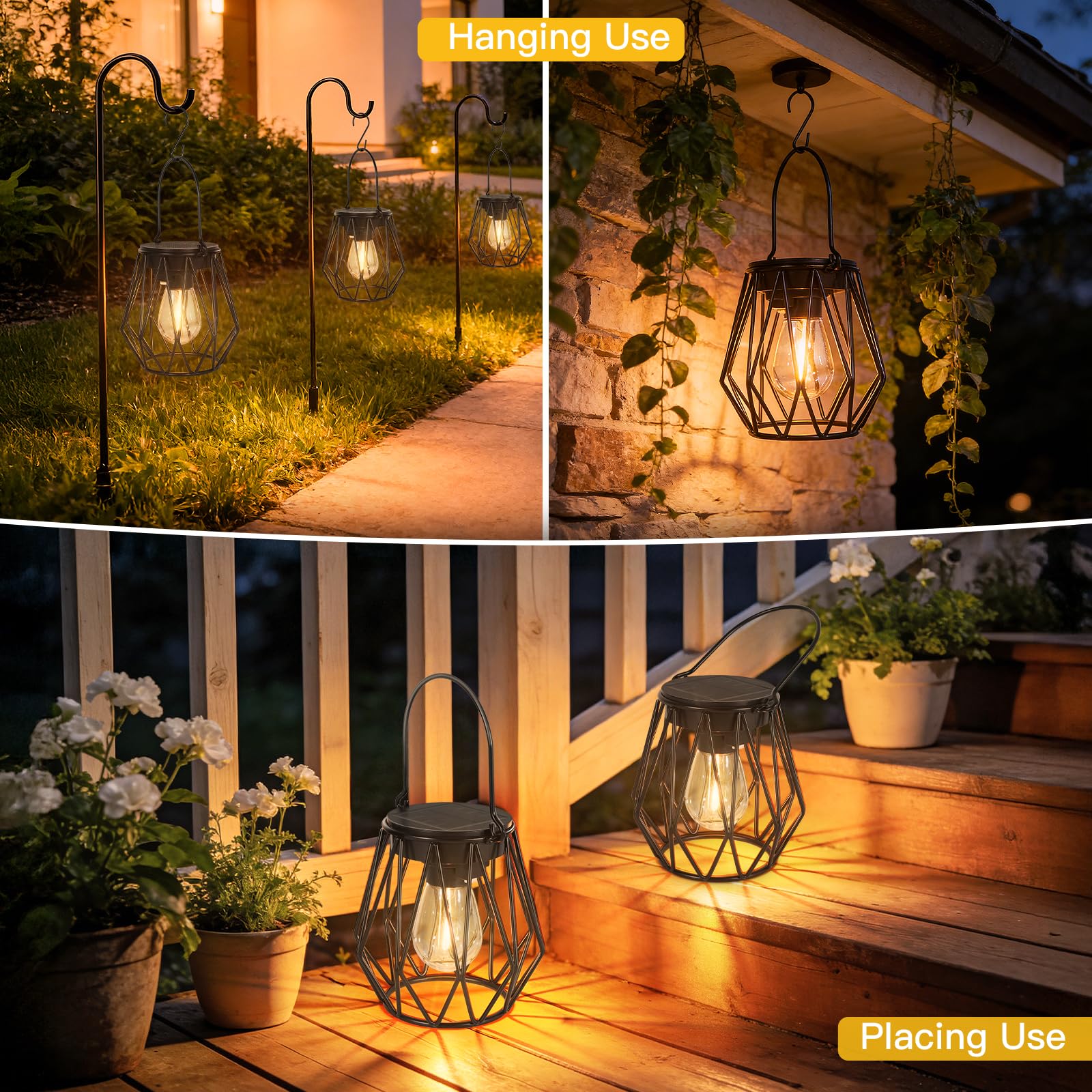 TaoFiaCo Lampes Solaires pour l'extérieur Suspendues ou Posées - Étanchéité IP65 Lanternes Solaires pour Balcon - Lanterne Lampes Solaires d'extérieur pour Jardin Terrasse Patio Lot de 2