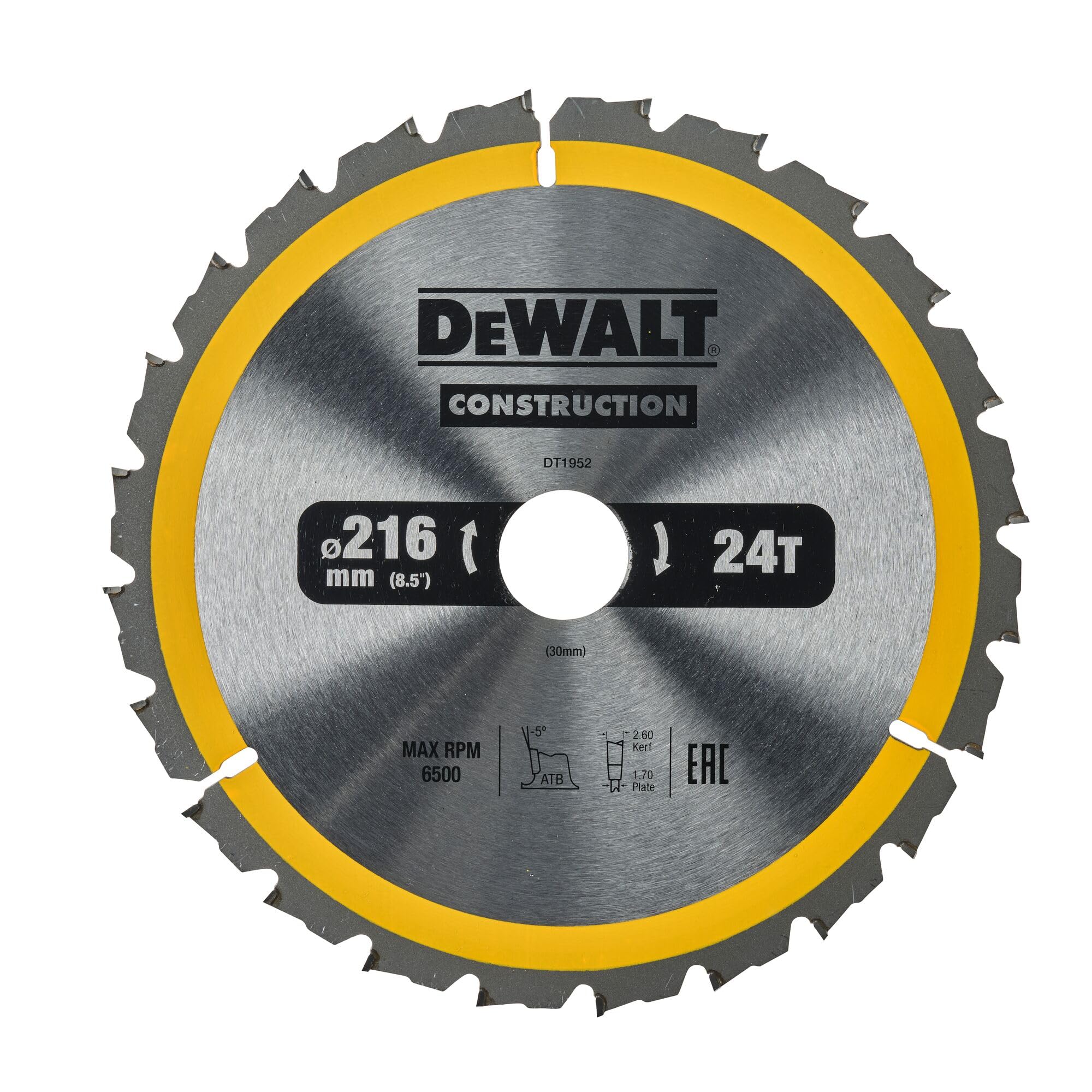 DEWALT Stationary Construction Circular Saw Blade 216 x 30mm x 24T ATB/Neg DEWD
