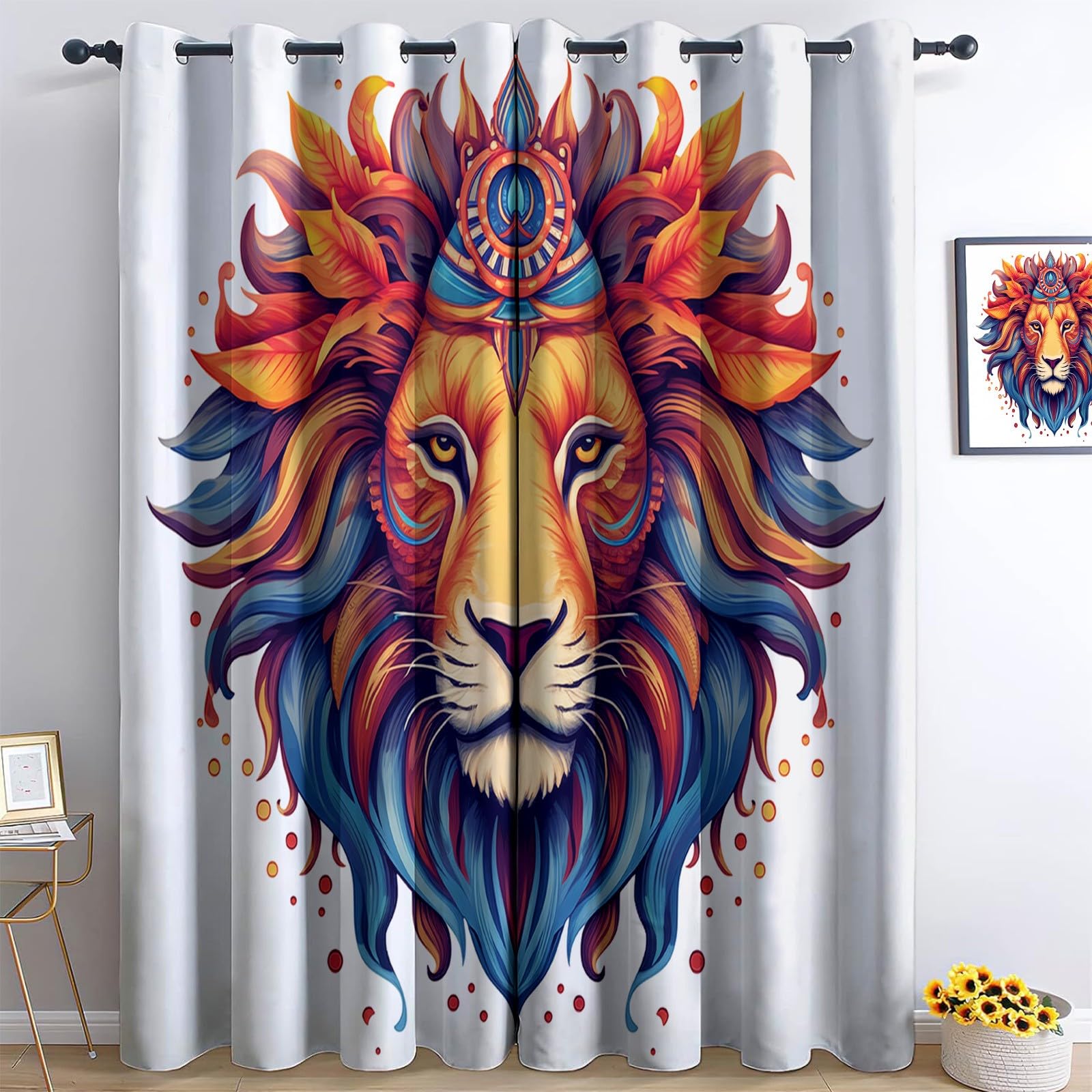Srigzcaly Colorful mandala lion head Blackout Eyelet Curtains 54 Drop, White Thermal Insulated Window Drapes for Bedroom & Living Room - 2 Panels, Total 92" W x 54" L (234x138cm)